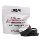 Black cylindrical container with white label holding 5 gram blueberry ak thca crumble wax with kush-like flavor