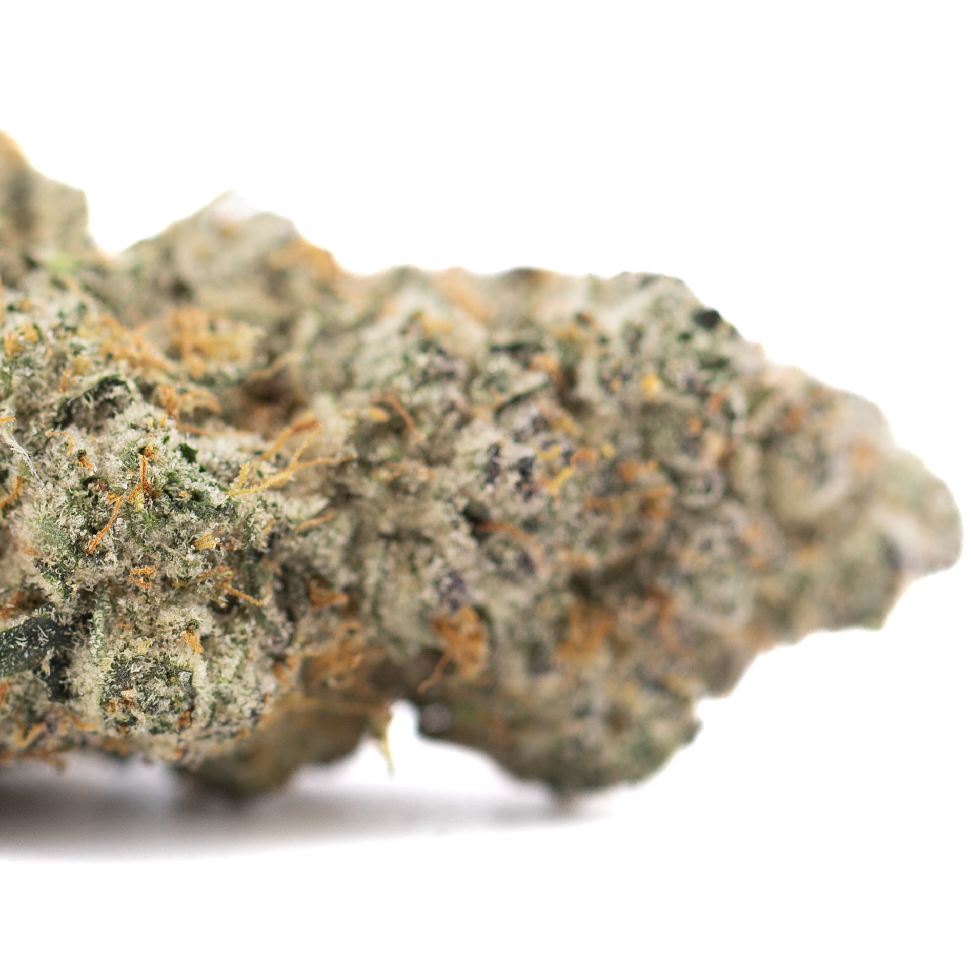 Blueberry Kush THCa flower: green orange bud with trichomes, Blue Dream
