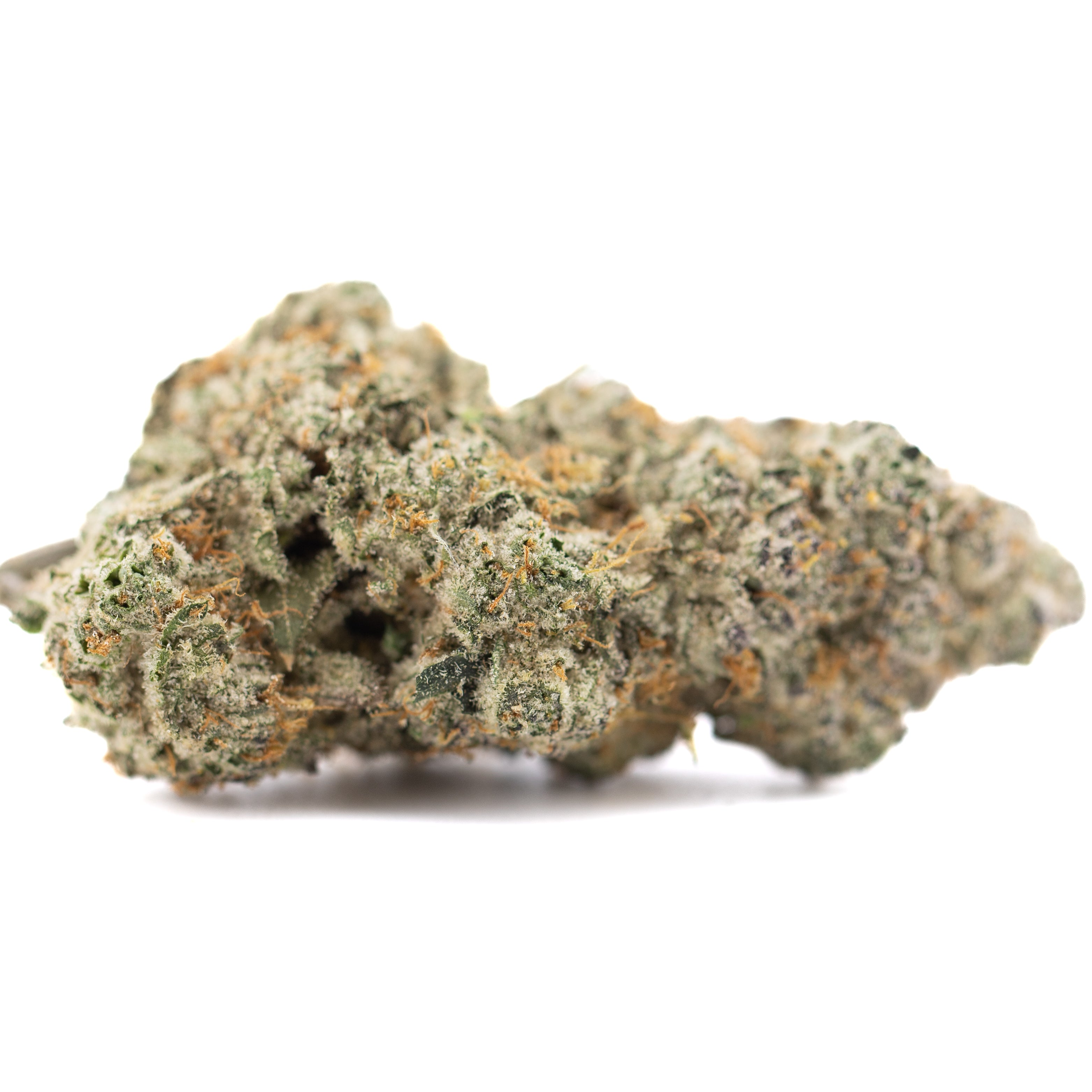 Blueberry Kush THCa flower: dense green-orange marijuana bud with resin glands
