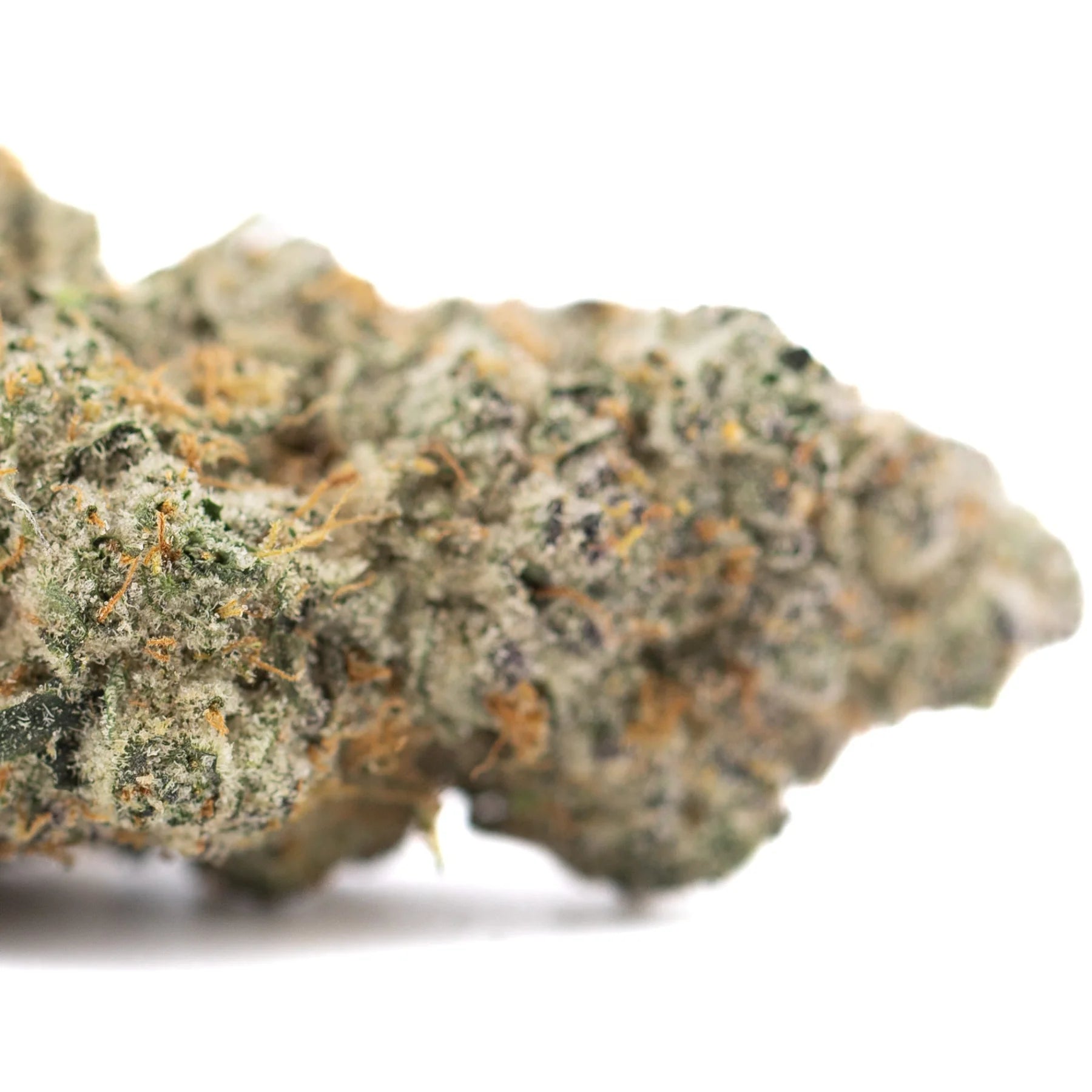 Blueberry Kush THCa flower: green orange bud with white trichomes, pure indica