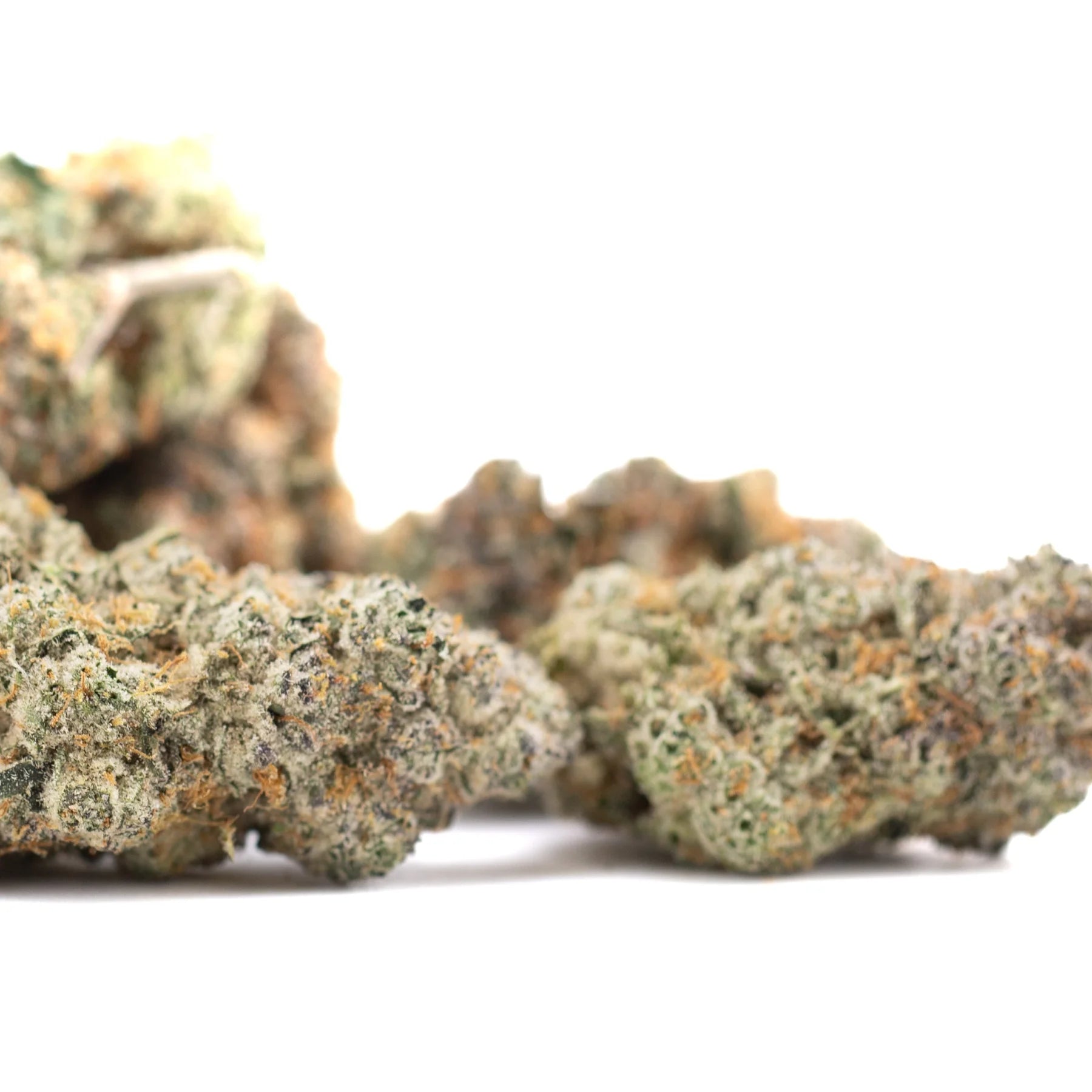 Blueberry Kush THCa flower: pure indica bud with green-orange hues, trichomes