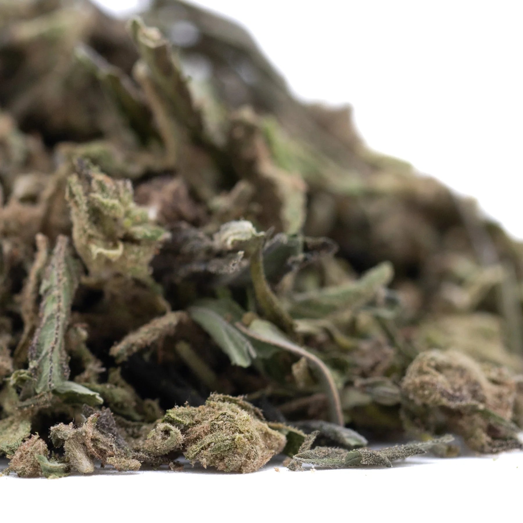 A pile of blueberry muffin thca trim hemp flower buds with green brown and earthy tones for wholesale use