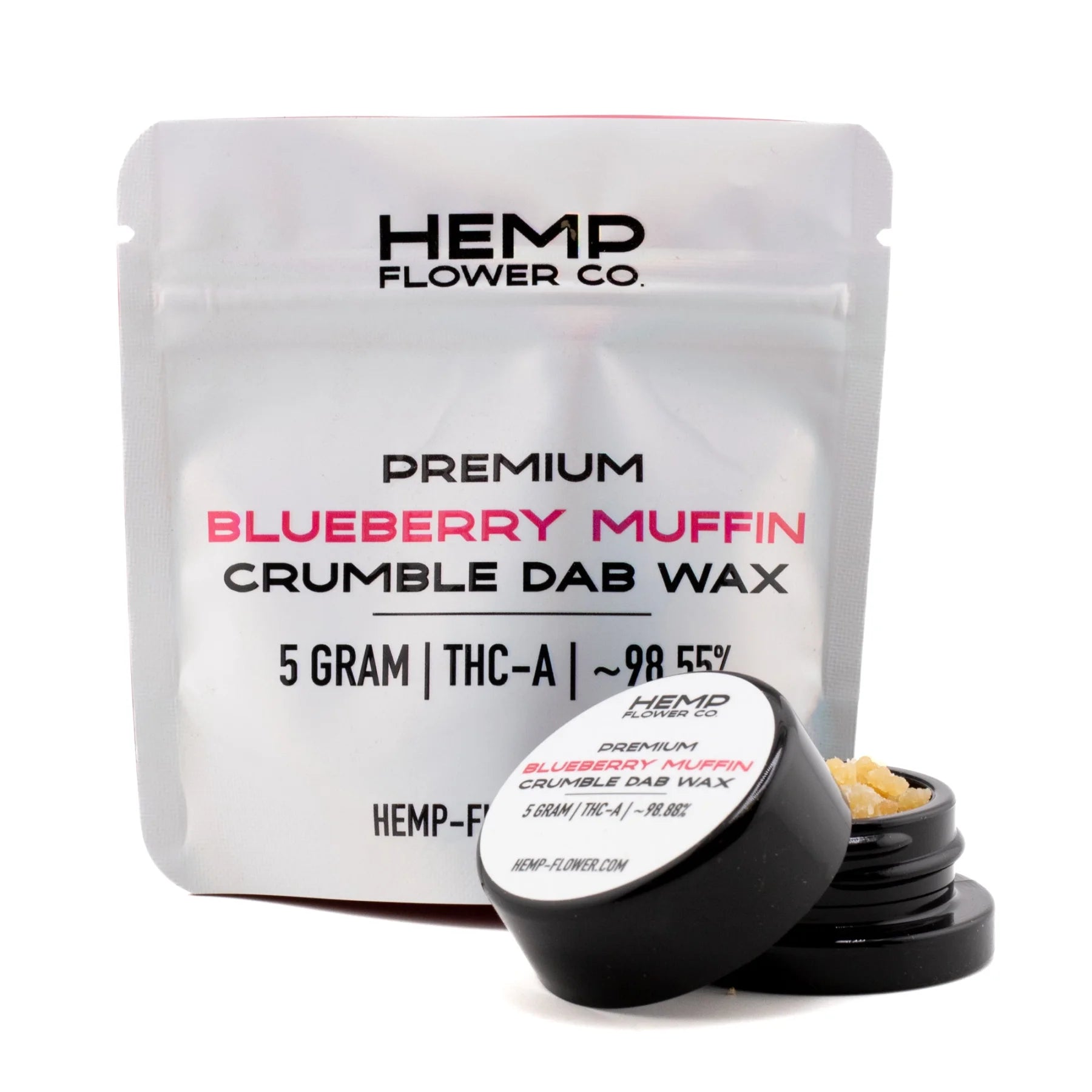 Black cylindrical container of blueberry muffin thca crumble wax by hemp flower co with 5 gram hemp flower product