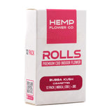 White cardboard box with pink branding for hemp flower co bubba kush cbd cigarettes 12 pack deeply relaxing smoke
