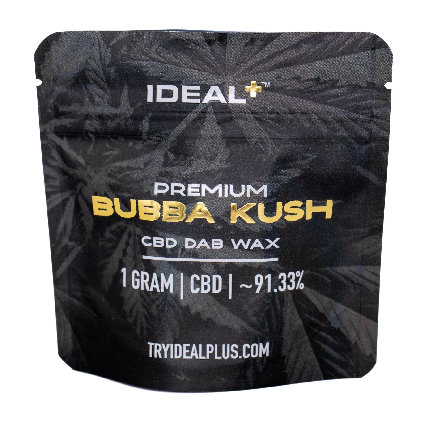 Black pouch with gold and white text of ideal premium bubba kush cbd dab wax 1g with cannabis leaf pattern for pre-98 bubba kush
