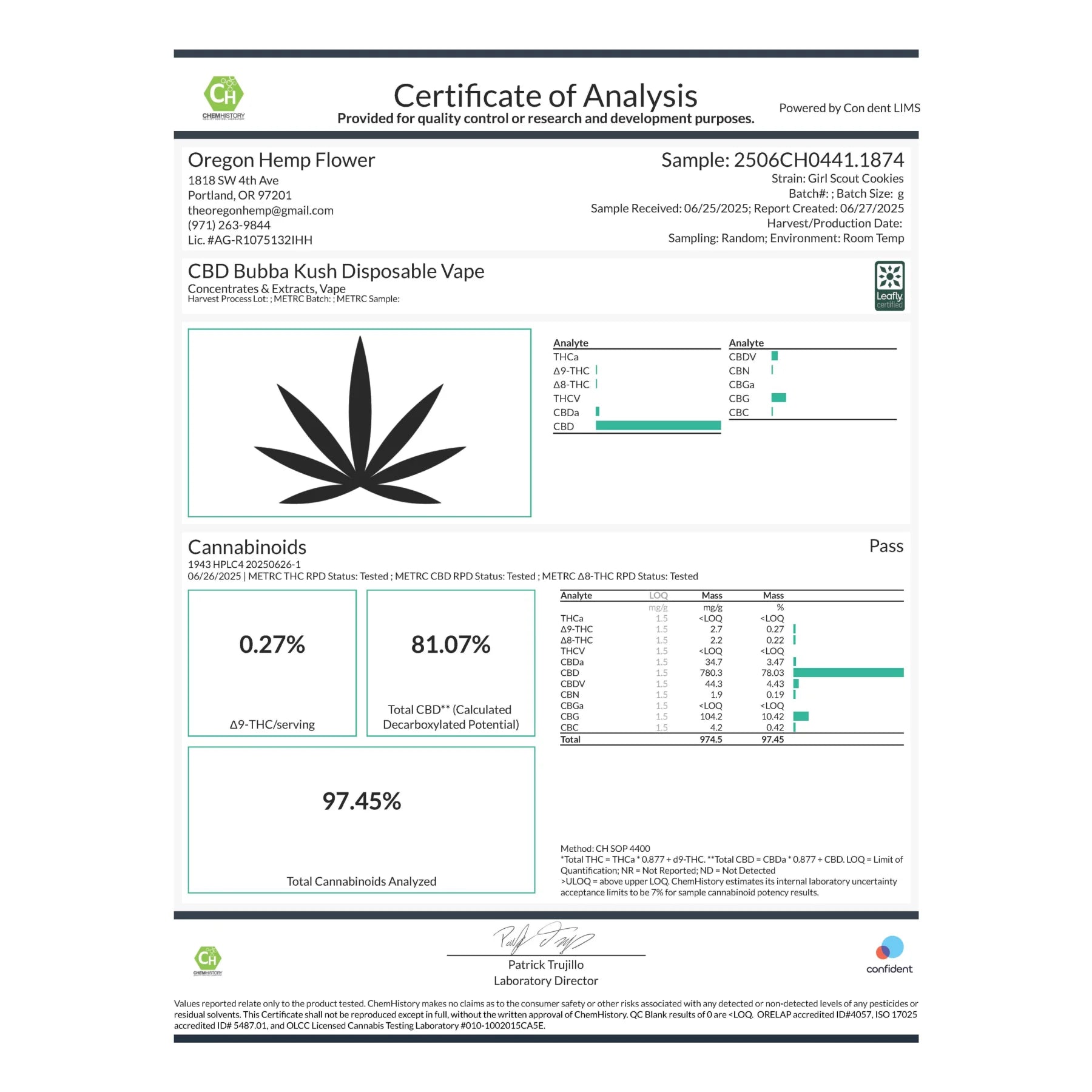 Certificate of analysis for oregon hemp flower strain girl scout cookies with cannabinoid data on back of bubba kush 97.44% cbd disposable vape peach using live resin extraction