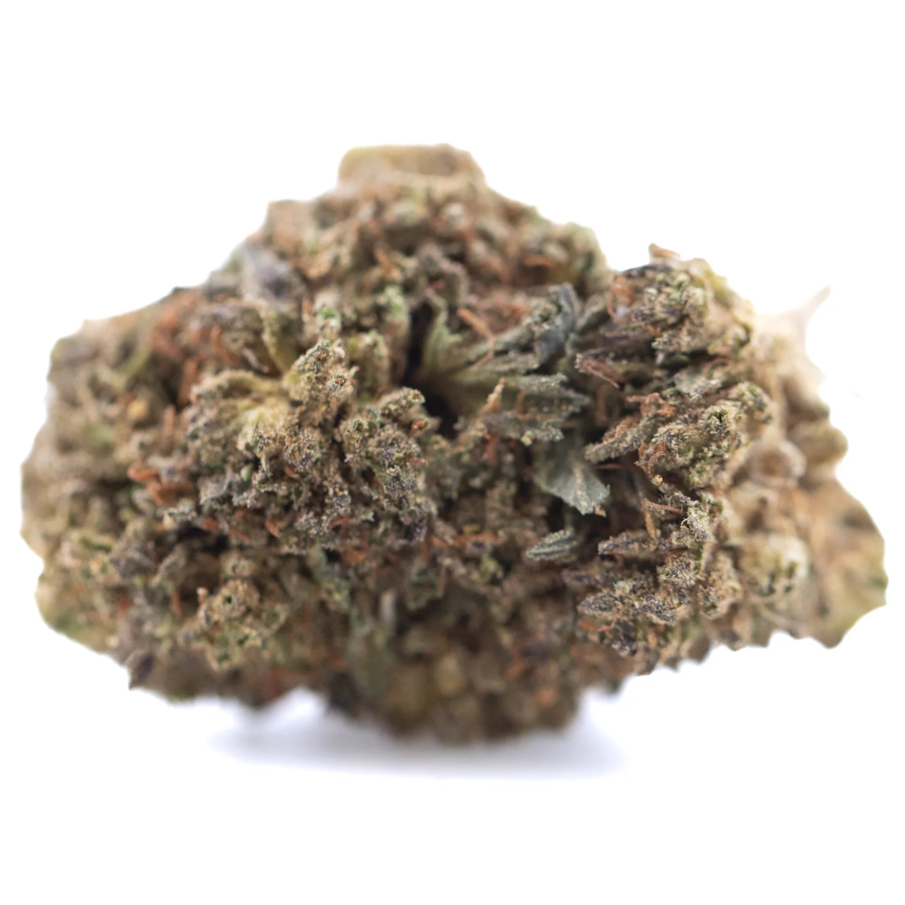 A dense textured bubba kush cbd full-term hemp flower bud with green and brown hues for relaxation and wellness