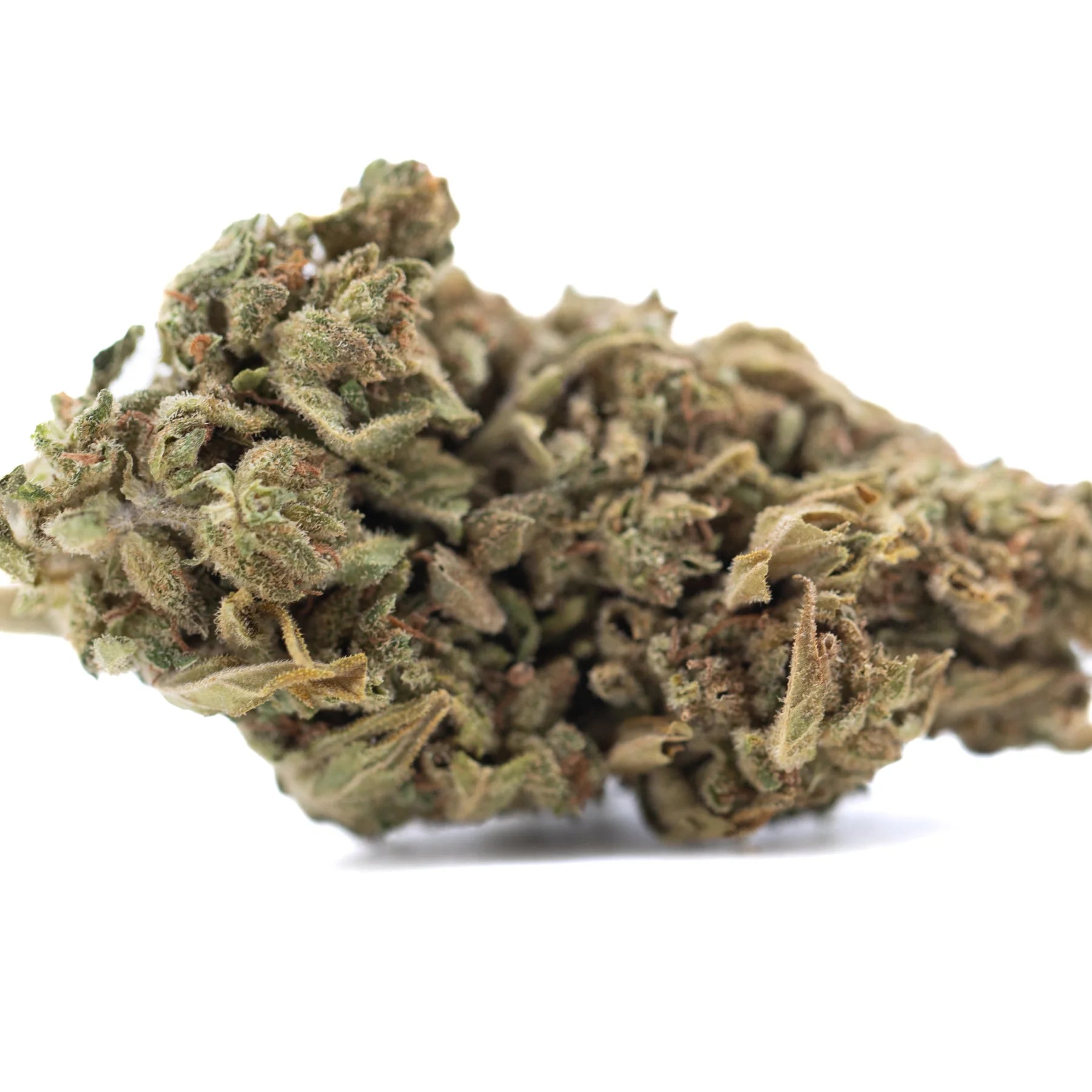 A dense greenish-brown bubba kush cbd hemp flower kush full-term bud covered in trichomes and small leaves