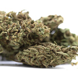 Dried bubba kush cbd hemp flower with dense textured buds covered in trichomes and greenish brown hues kush full-term