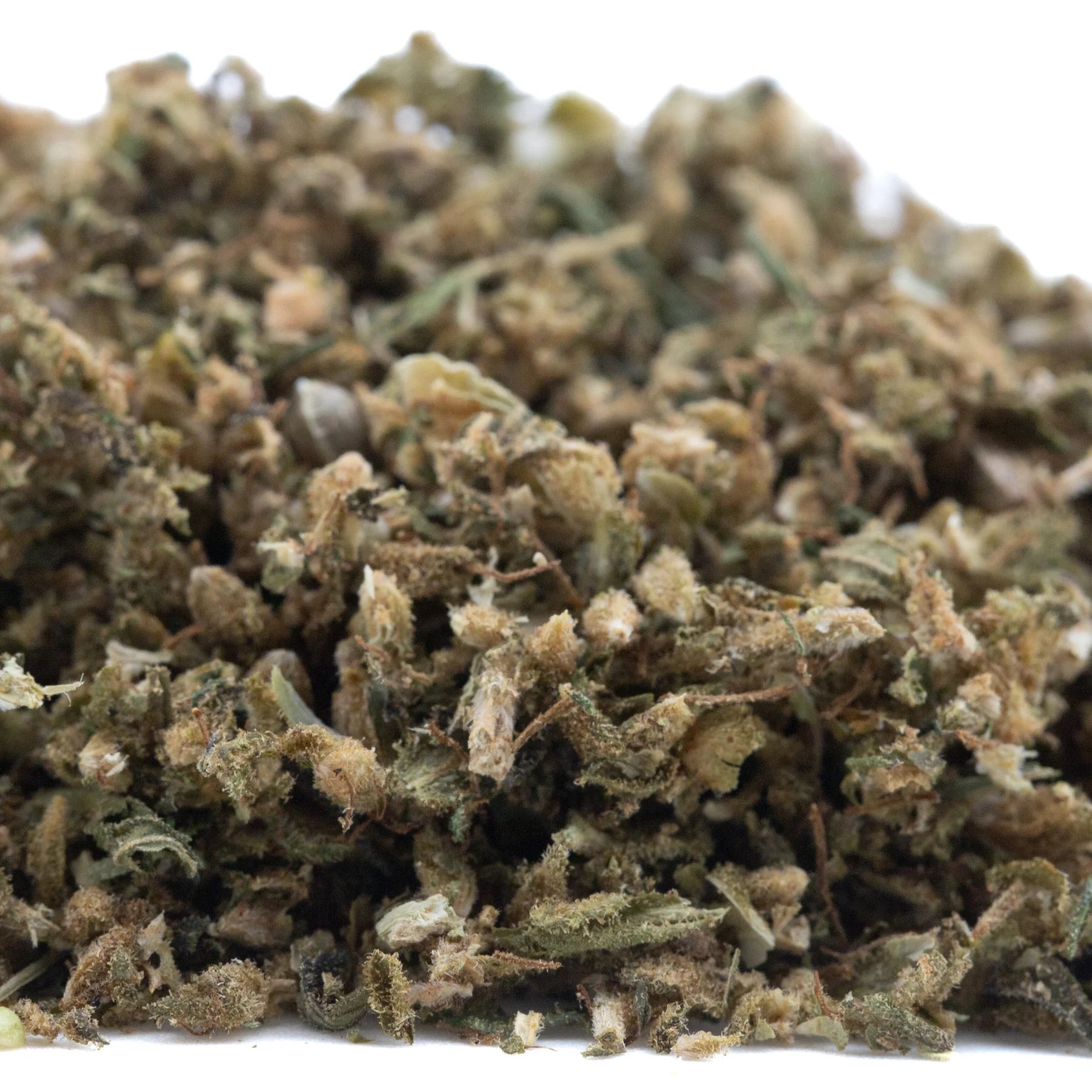 A pile of green brown and beige indiana bubble gum cbd hemp flower full-term trim buds with cbd trim visible