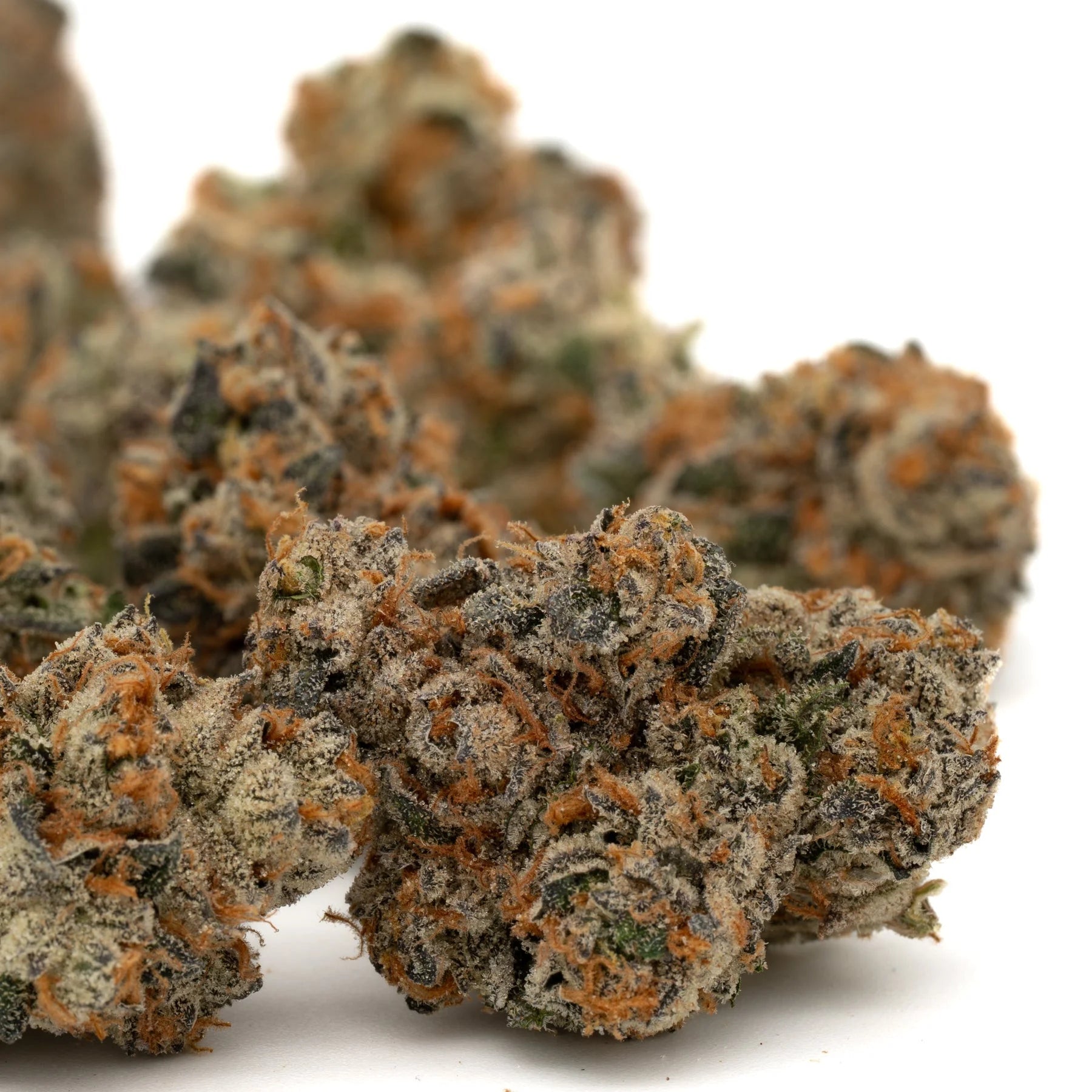 Cadillac Rainbow THCa Flower with orange hairs and frosty trichomes for orchard swirl sedation