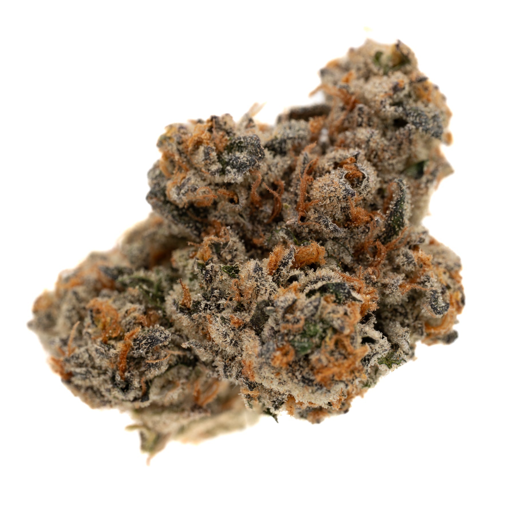 Cadillac Rainbow THCa Flower with dense trichomes, orange pistils, orchard swirl sedation