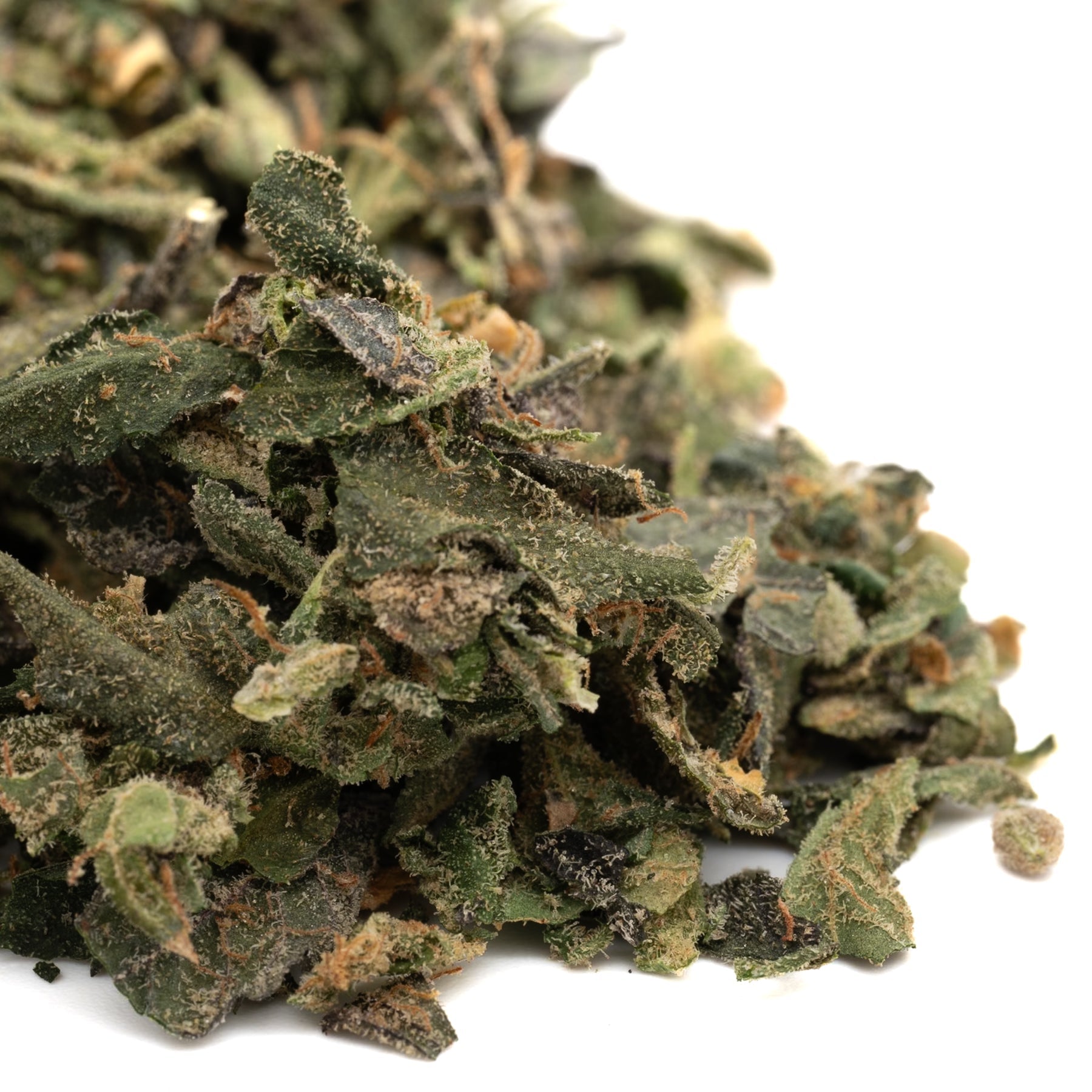 Pile of dried green herbs from Cadillac Rainbow THCa Indoor Trim Wholesale 1LB