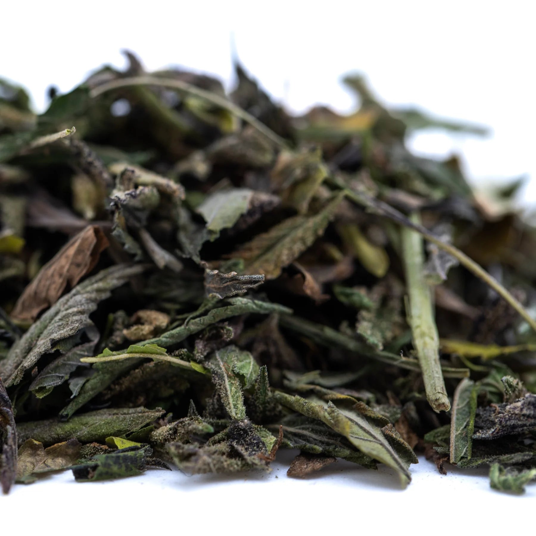 A pile of dried white tea leaves in green and brown hues with stems featuring cali burger greenhouse thca trim triple-cross genetics
