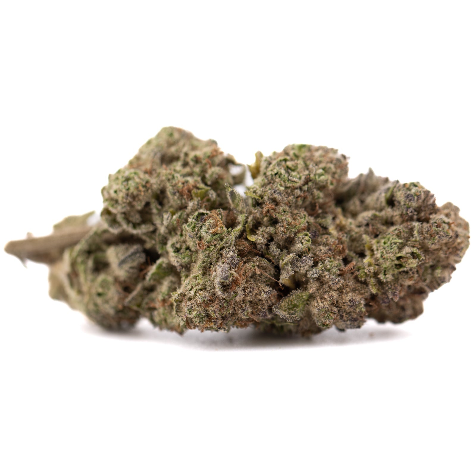 Cali Burger THCa hemp flower: green bud with white trichomes, purple pistils, Greenhouse brand