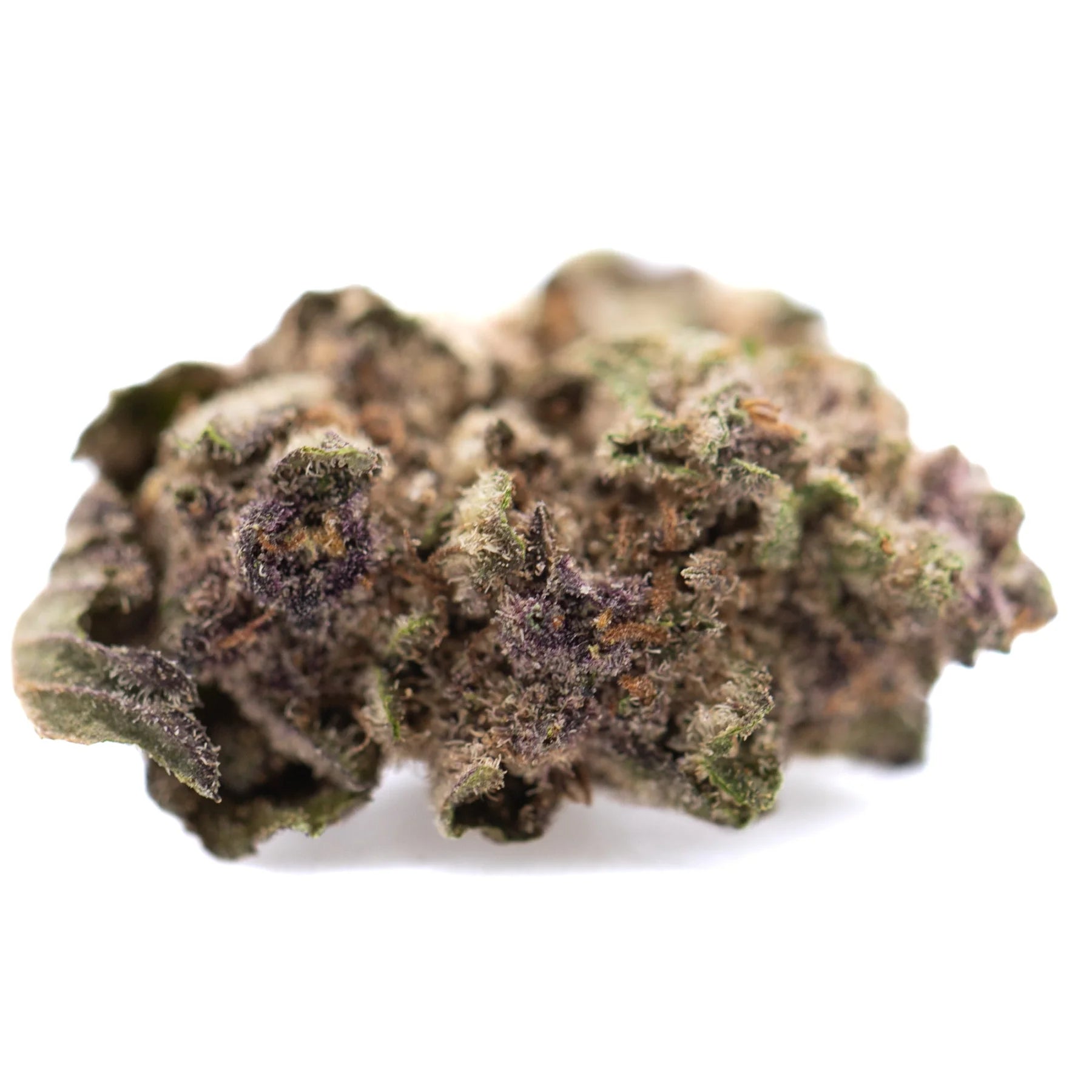Cali burger thca hemp flower greenhouse smalls with dense green and purplish hues covered in fine trichomes and tropical citrus aroma