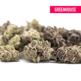 Cali burger thca hemp flower greenhouse smalls wholesale with dense frosty buds in green purple and brown hues rich in tropical citrus and california heritage