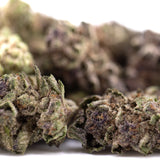 Mature cali burger thca hemp flower with dense frosty texture vibrant green and deep purple california heritage buds
