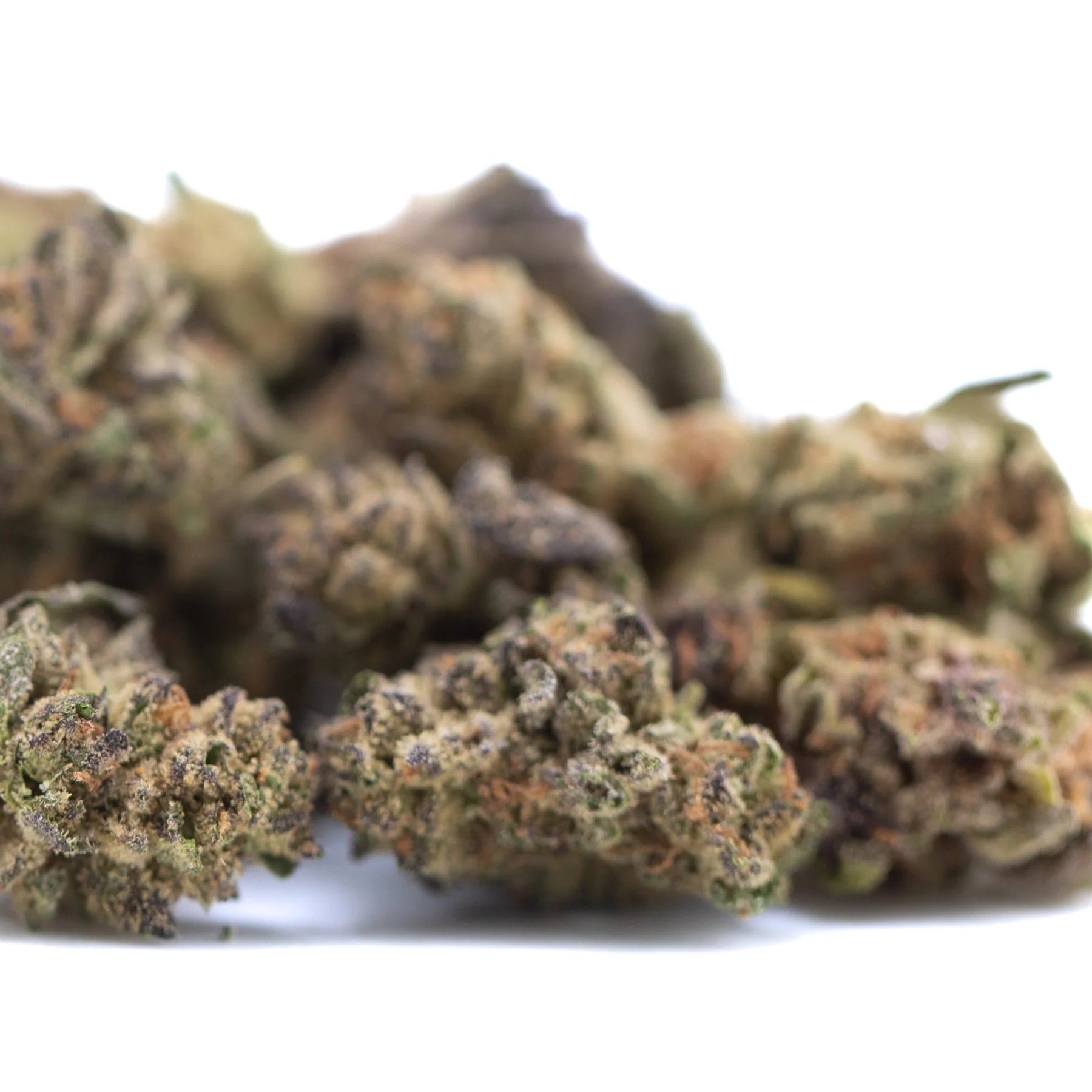 A cluster of dried canal street runtz thca hemp flower smalls with green and brown hues and orange pistils