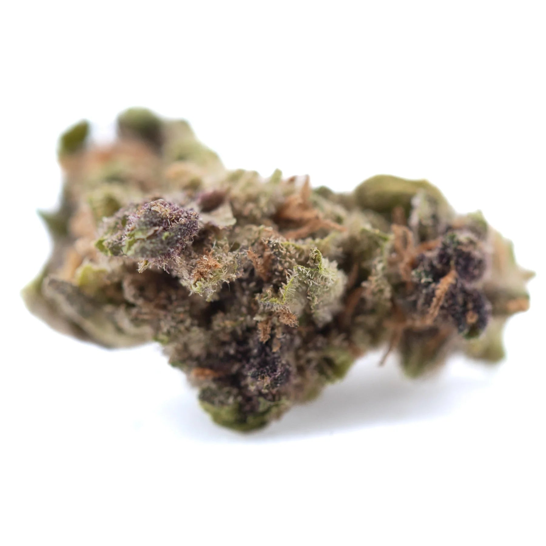 A dense resinous canal street runtz thca smalls hemp flower bud with green and purplish hues covered in trichomes