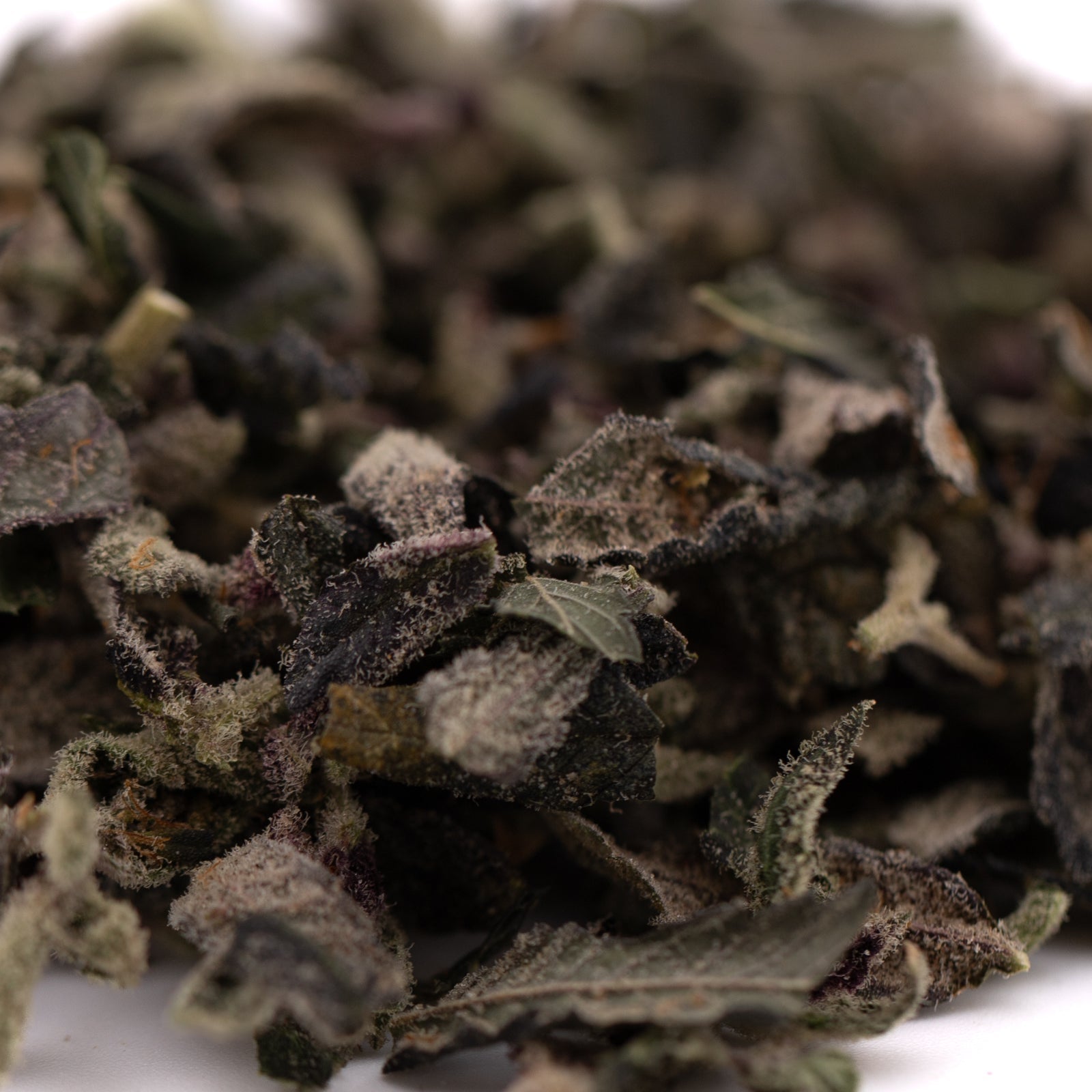 Dried dark green Candy Mac Indoor trim with frosted appearance for wholesale 1LB THCA trim