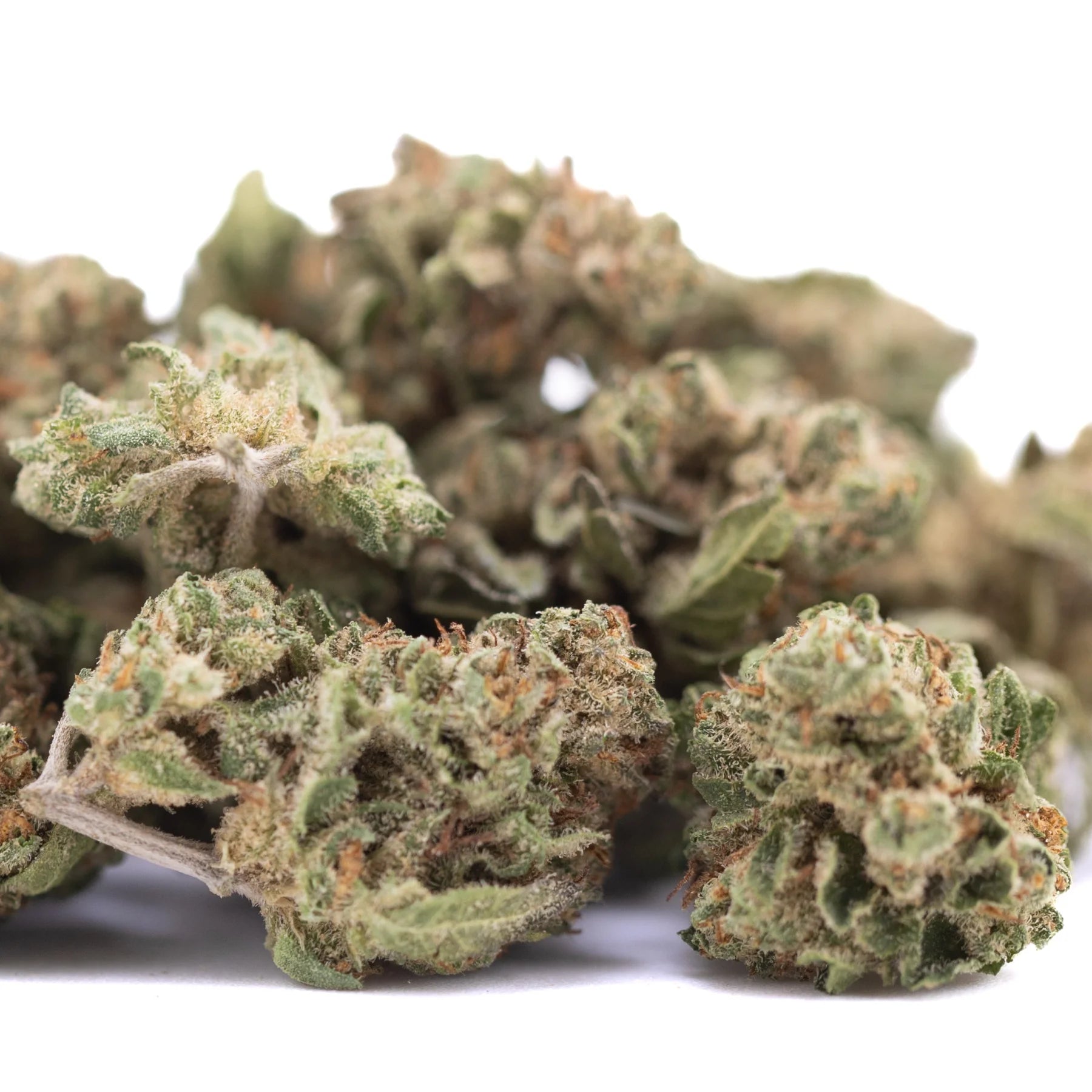Candy pave’s greenhouse smalls hemp flower with dense frosty texture and green and orange hues