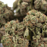 Candy Pave THCa hemp flower bud with green, purple hues and white trichomes