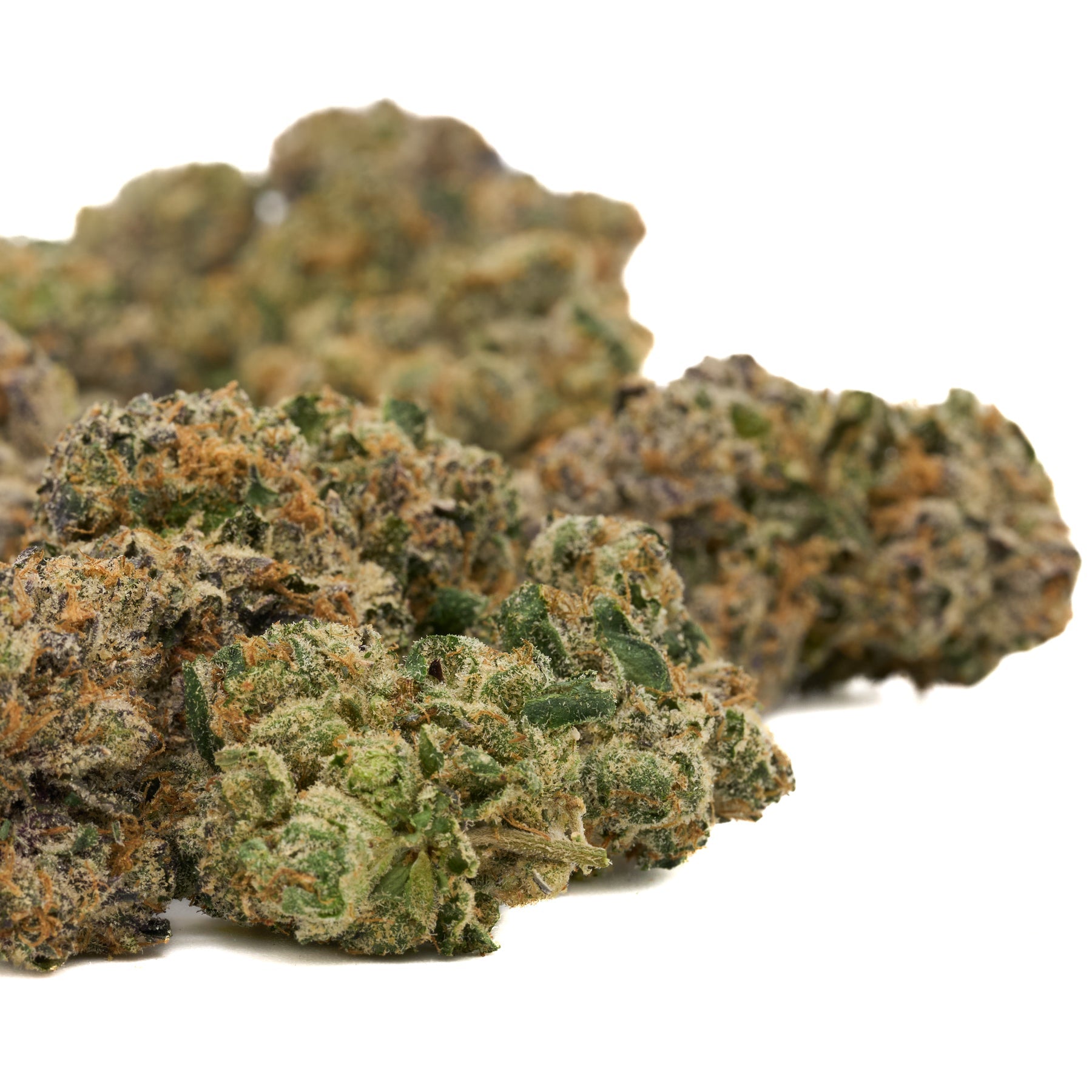 Candy Rain Indoor THCa Flower with green, orange, and purple hemp buds covered in trichomes