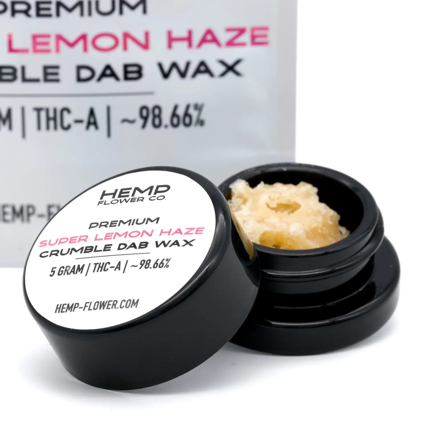 Cannabis concentrate in black container showcasing THCa crumble wax for Hemp Flower Co