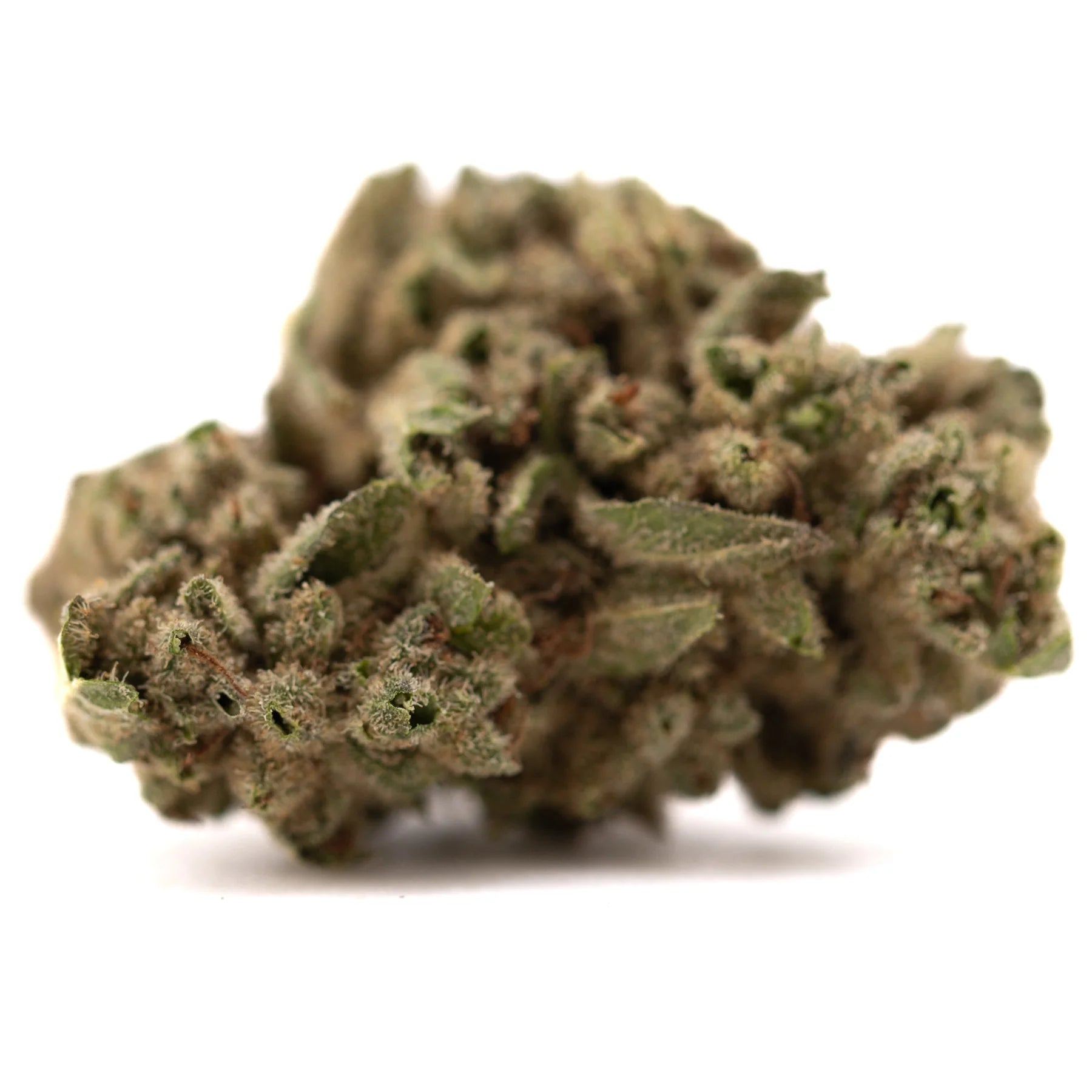 Cbg hemp flower dense greenish brown bud with textured surface covered in trichomes and small leaves for cbd use