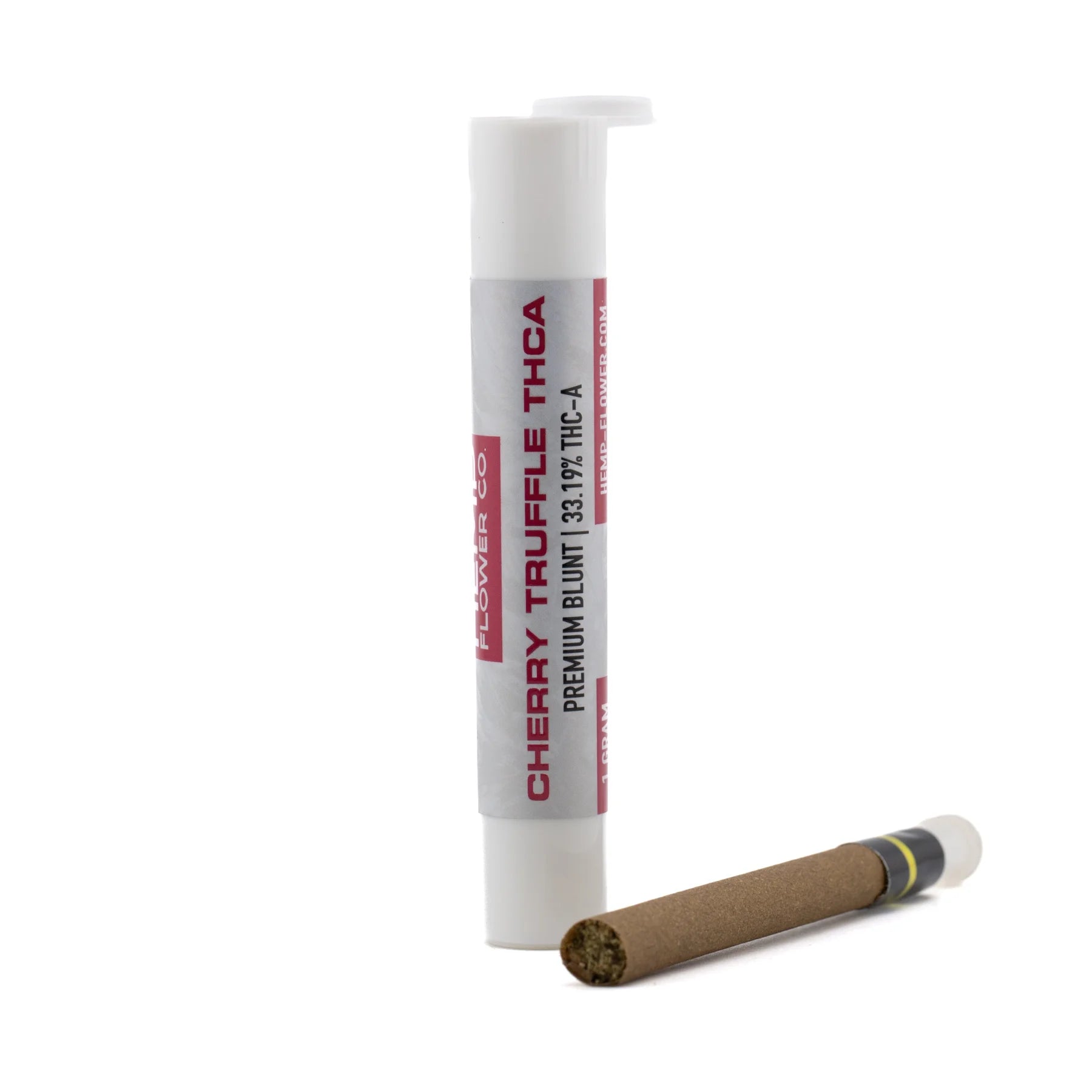 White cylindrical tube labeled cherry truffle thc-a containing 1 gram blunt with 33.1 percent thc and terpene profile