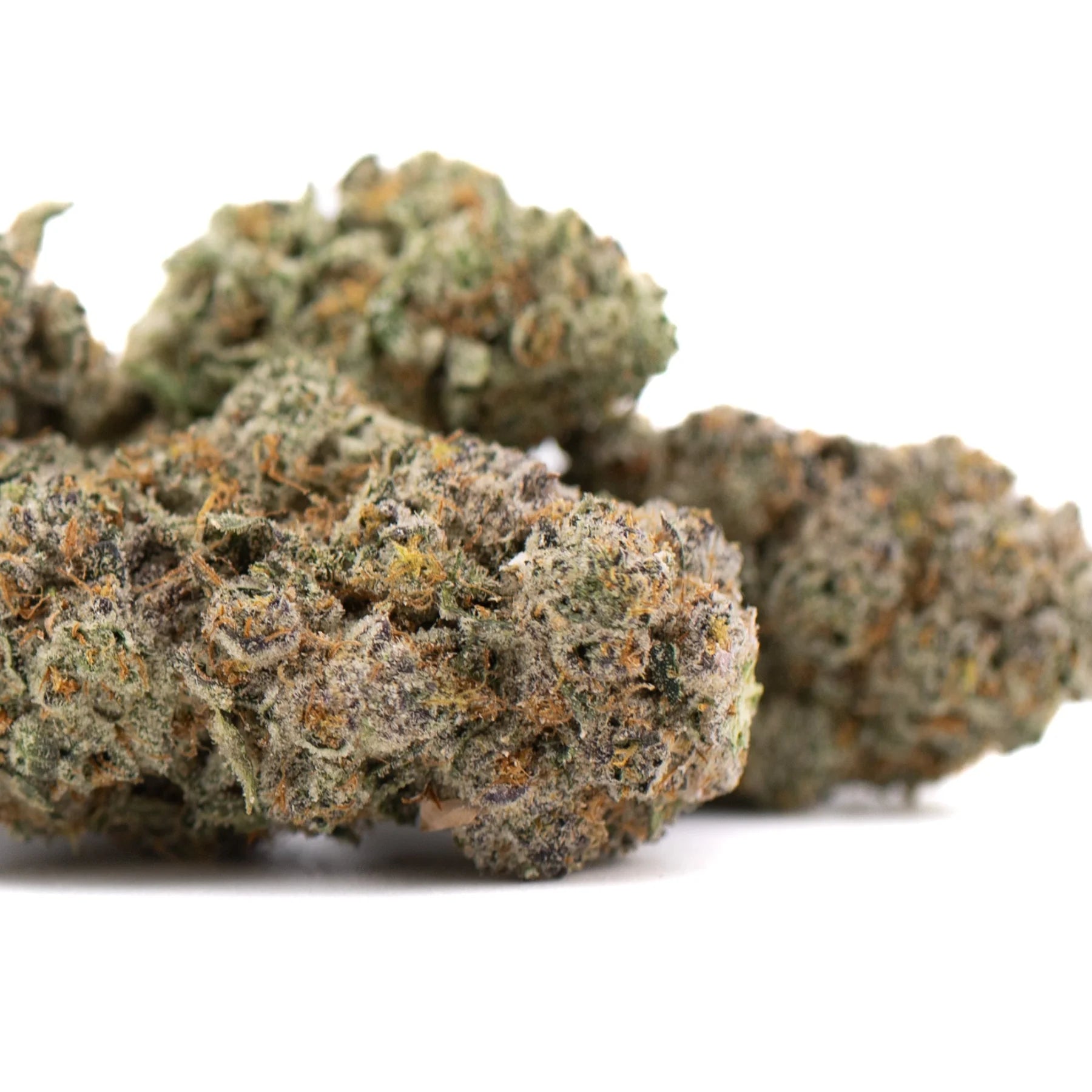 Mature chicken and waffles indoor thca flower buds with dense frosty texture and orange pistils grown in indoor cultivation