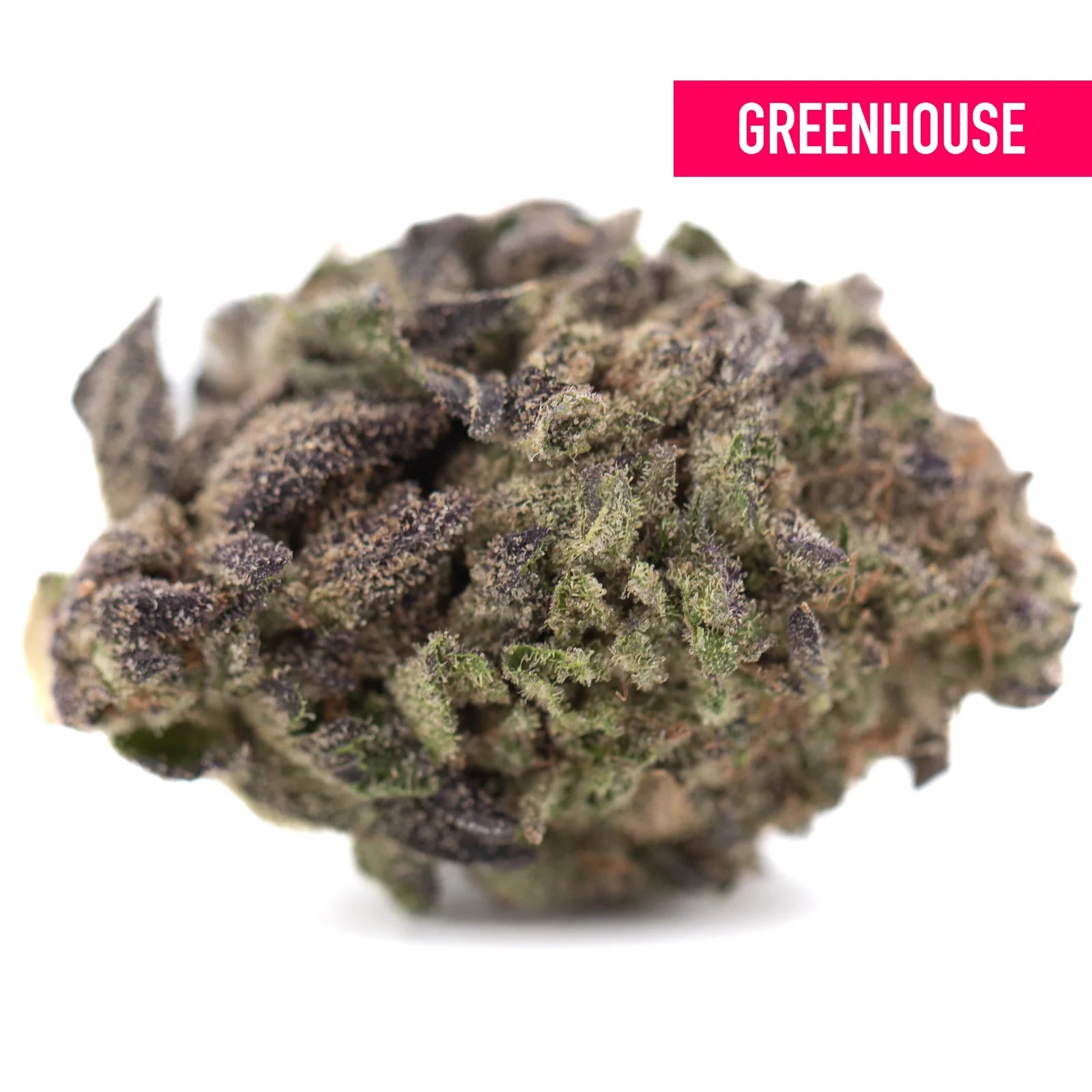 A dense resinous chicken and waffles thca hemp flower with green and purple hues covered in trichomes from a greenhouse