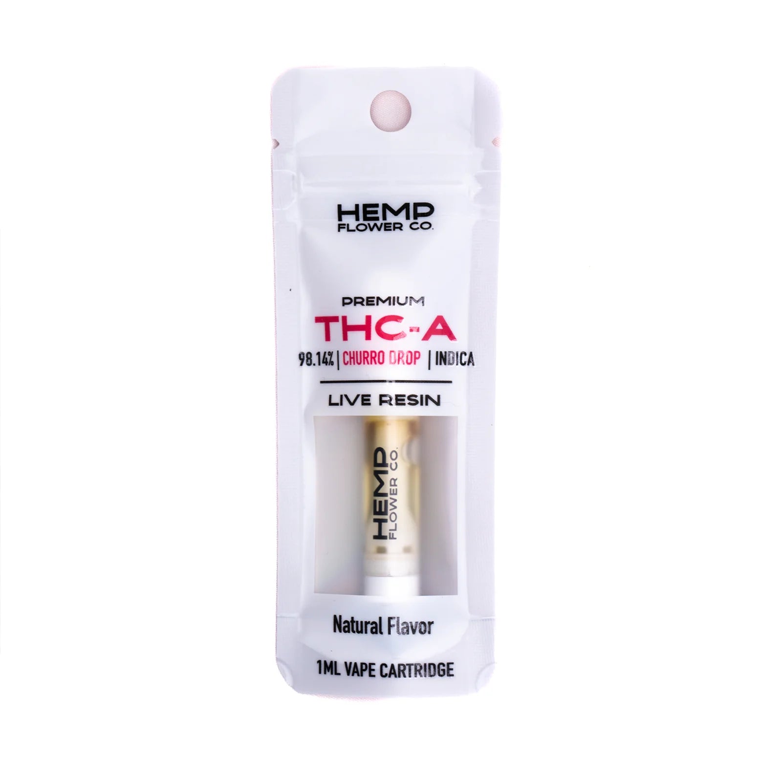 A churro drop live resin thca vape cartridge 1ml with gold resin-filled pen and white hemp flower co packaging