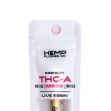 White pouch containing a golden churro drop thca vape cartridge 1ml with live resin by hemp flower co