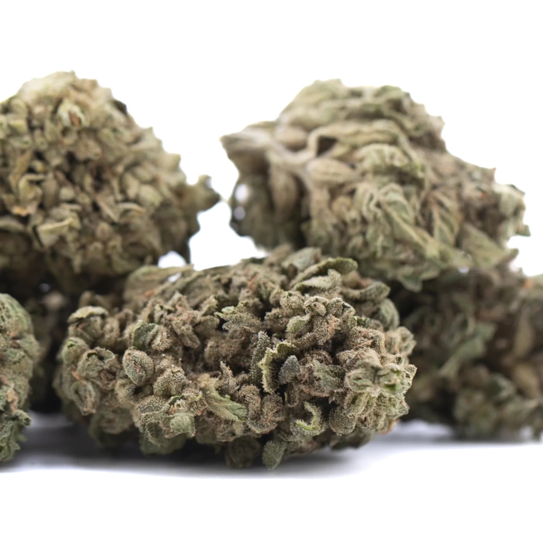 Dried cola full-term thca hemp flower buds with dense textured surface shades of green and brown highlighting terpene profile