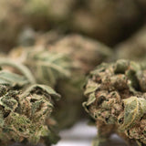 Green and brown frosty cola full-term thca smalls flower buds with creamy strawberry cheesecake texture