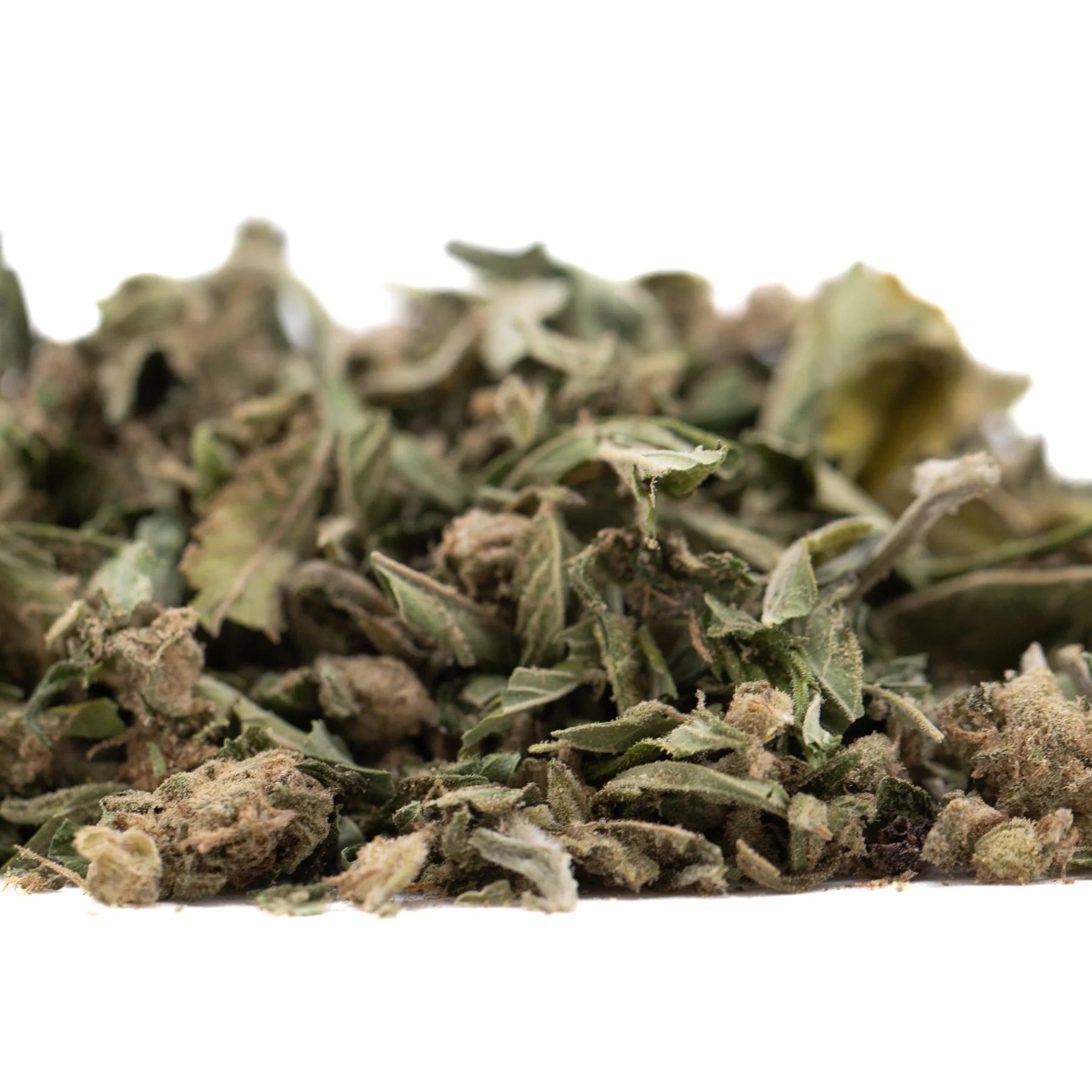 Dried cola full-term thca trim with green brown and beige hues ideal for creamy strawberry cheesecake use