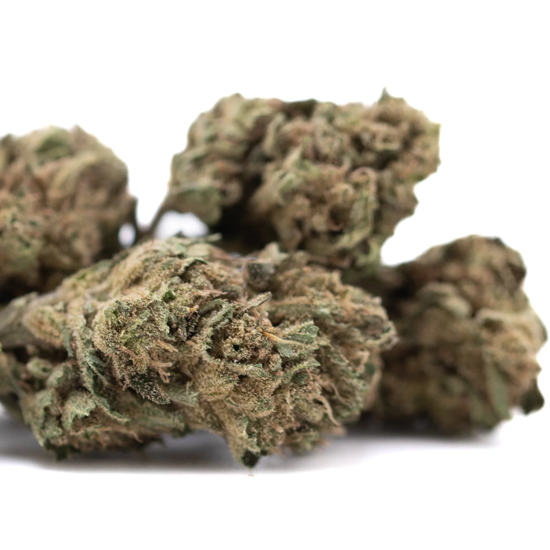 Green and brown cola full-term thca flower buds with dense frosty texture resembling god bud and apple jack