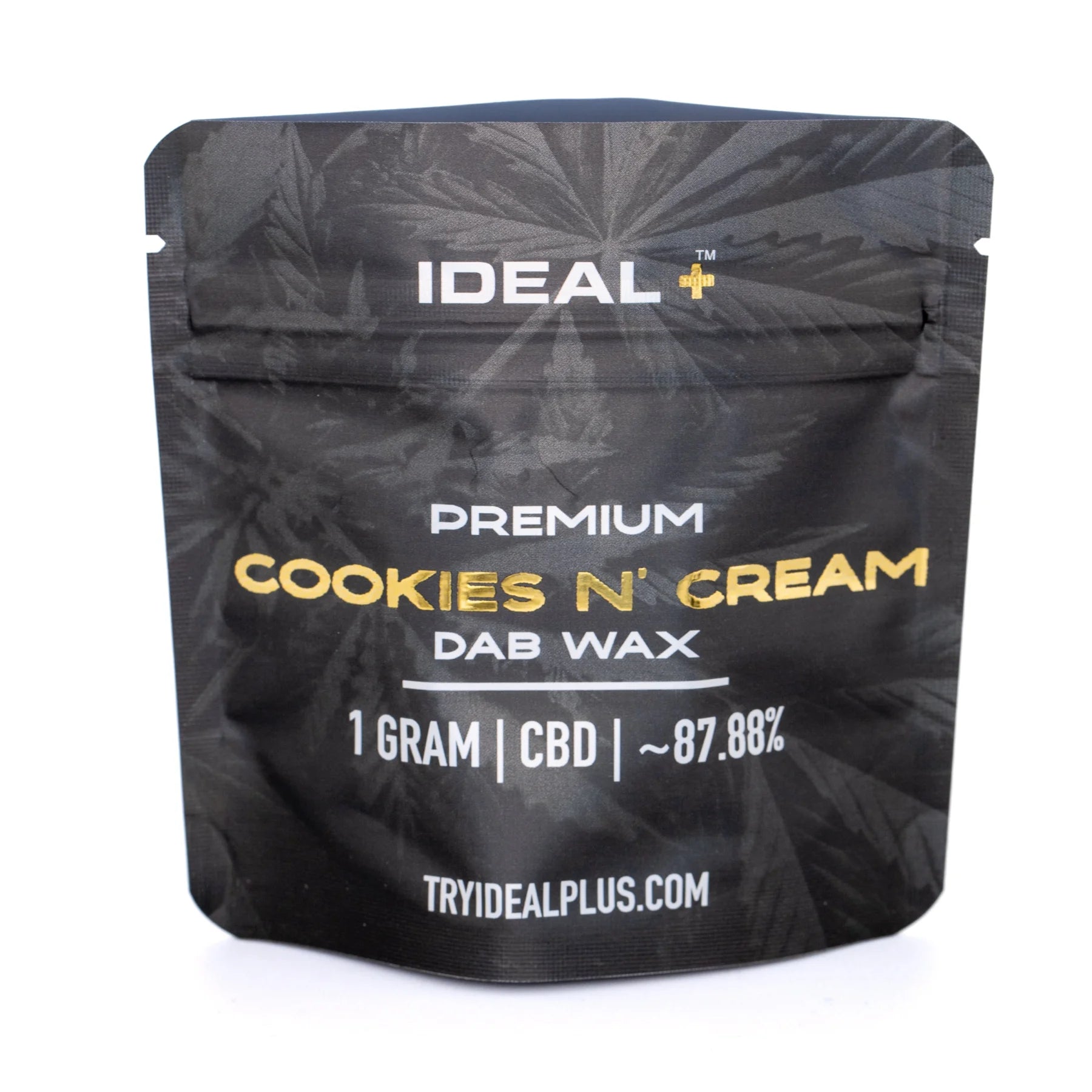 Black resealable pouch with gold foil lettering and subtle cannabis leaf pattern labeled ideal plus premium cookies and cream cbd dab wax