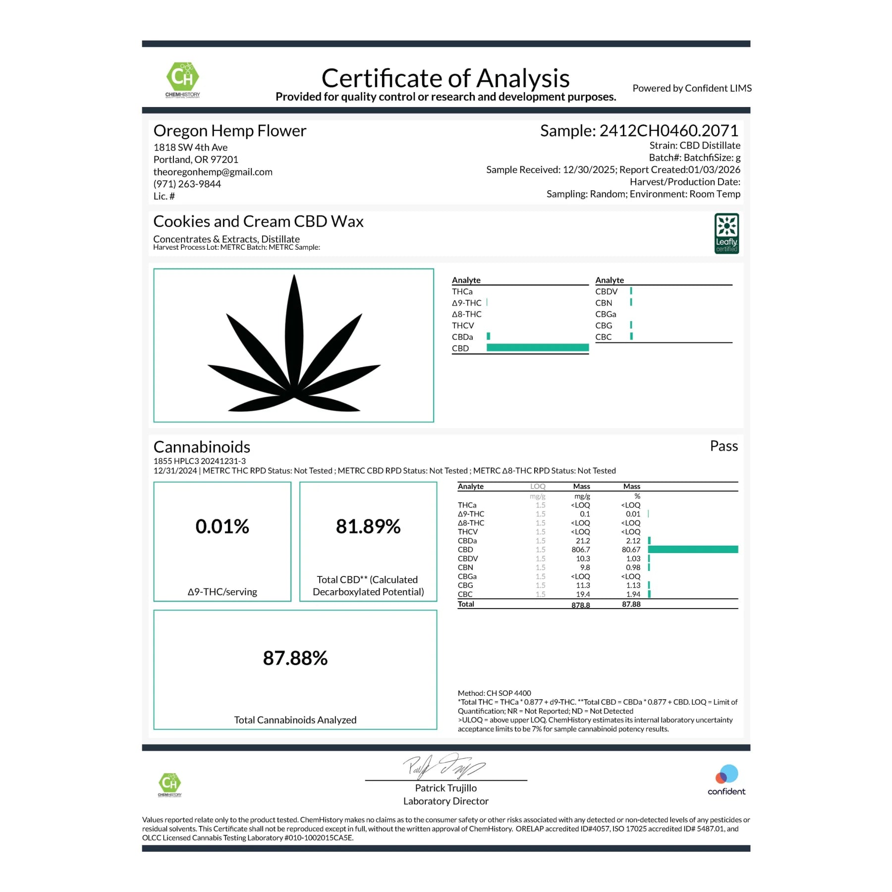 Black and white certificate of analysis from oregon hemp flower showing cannabinoid profile for cookies and cream cbd dab wax