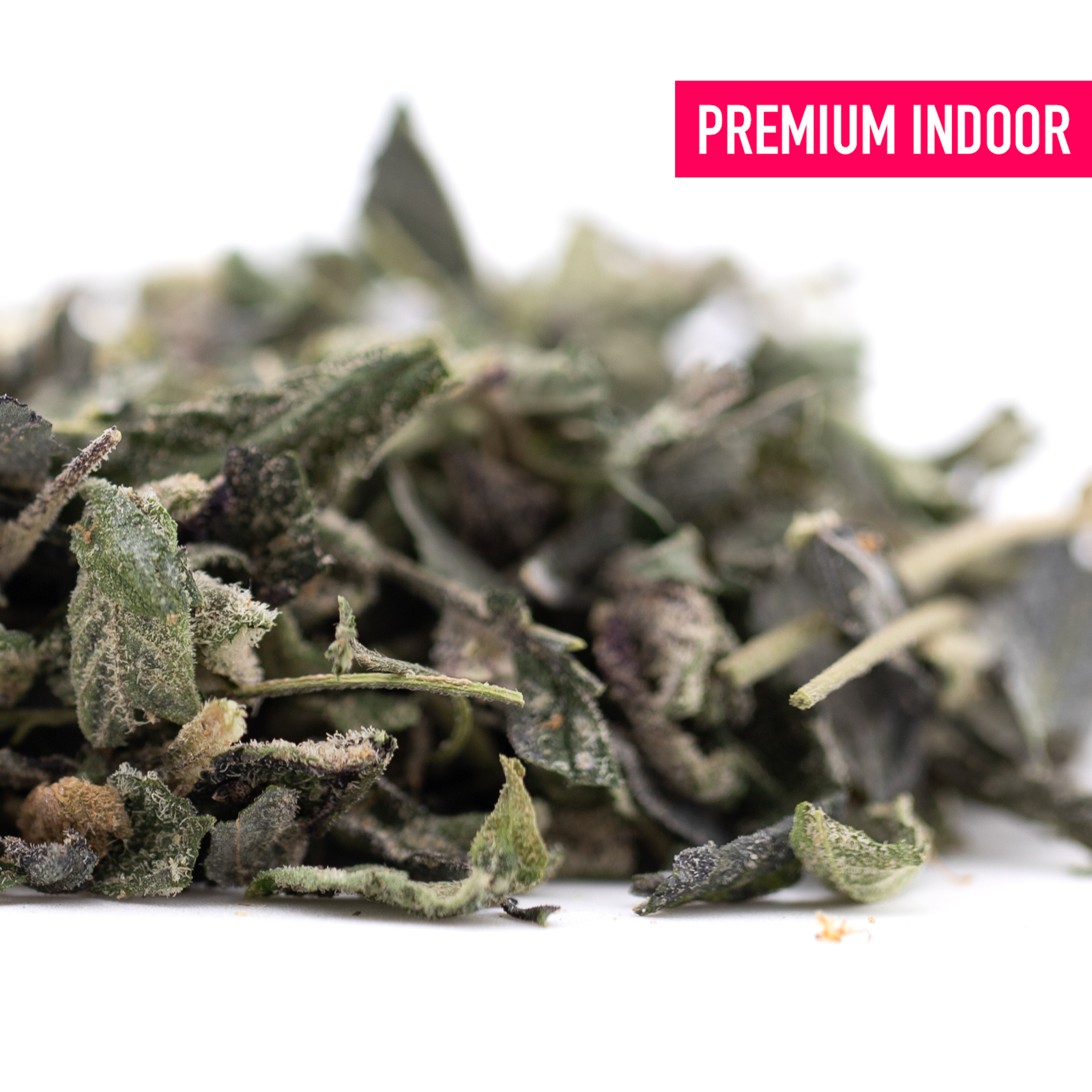 Premium Cookies and Cream THCa Trim Wholesale: dark green indoor hemp flower buds with trichome crystals