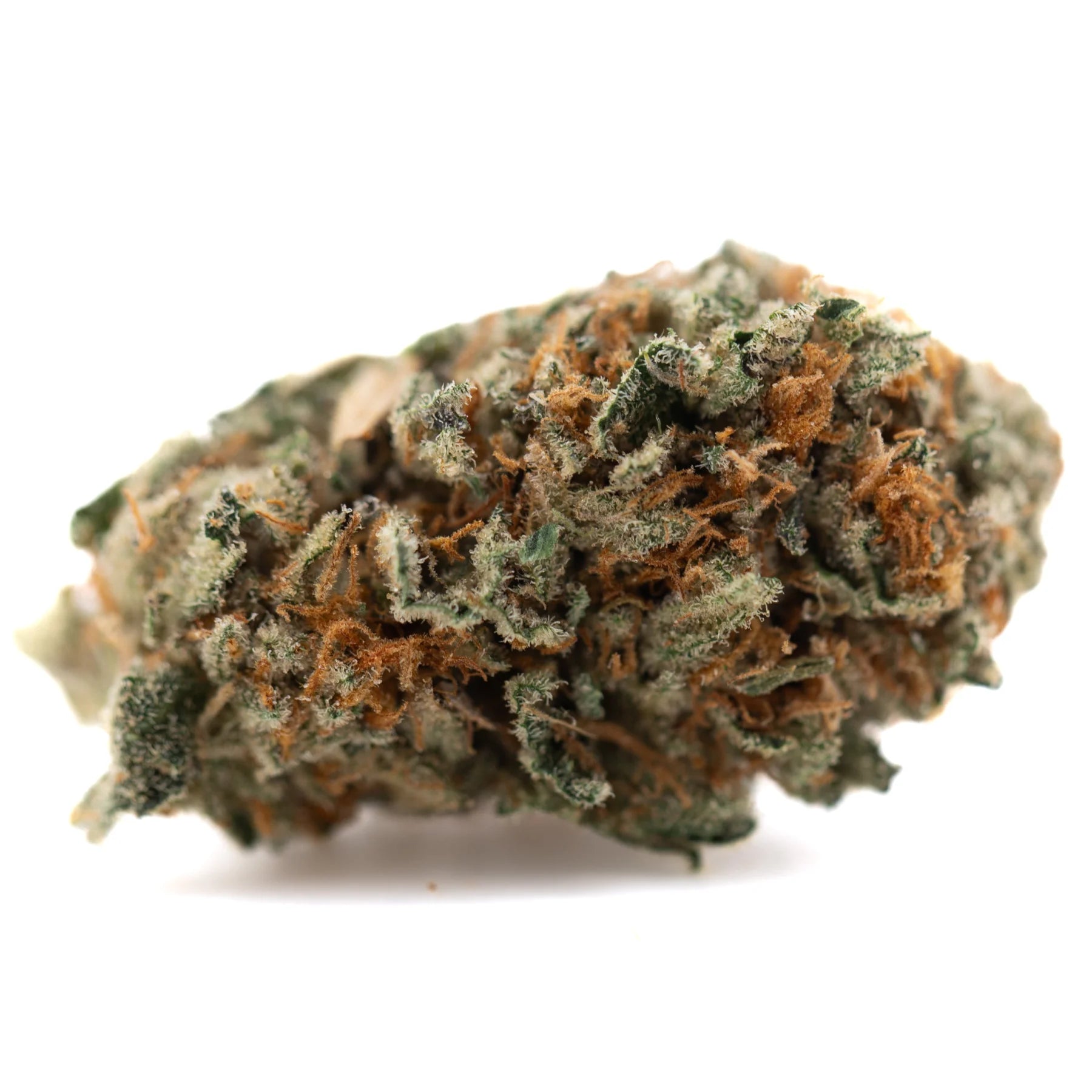 A dense irregular lake og indoor hemp flower bud with green orange hues and white trichomes oregon huckleberry
