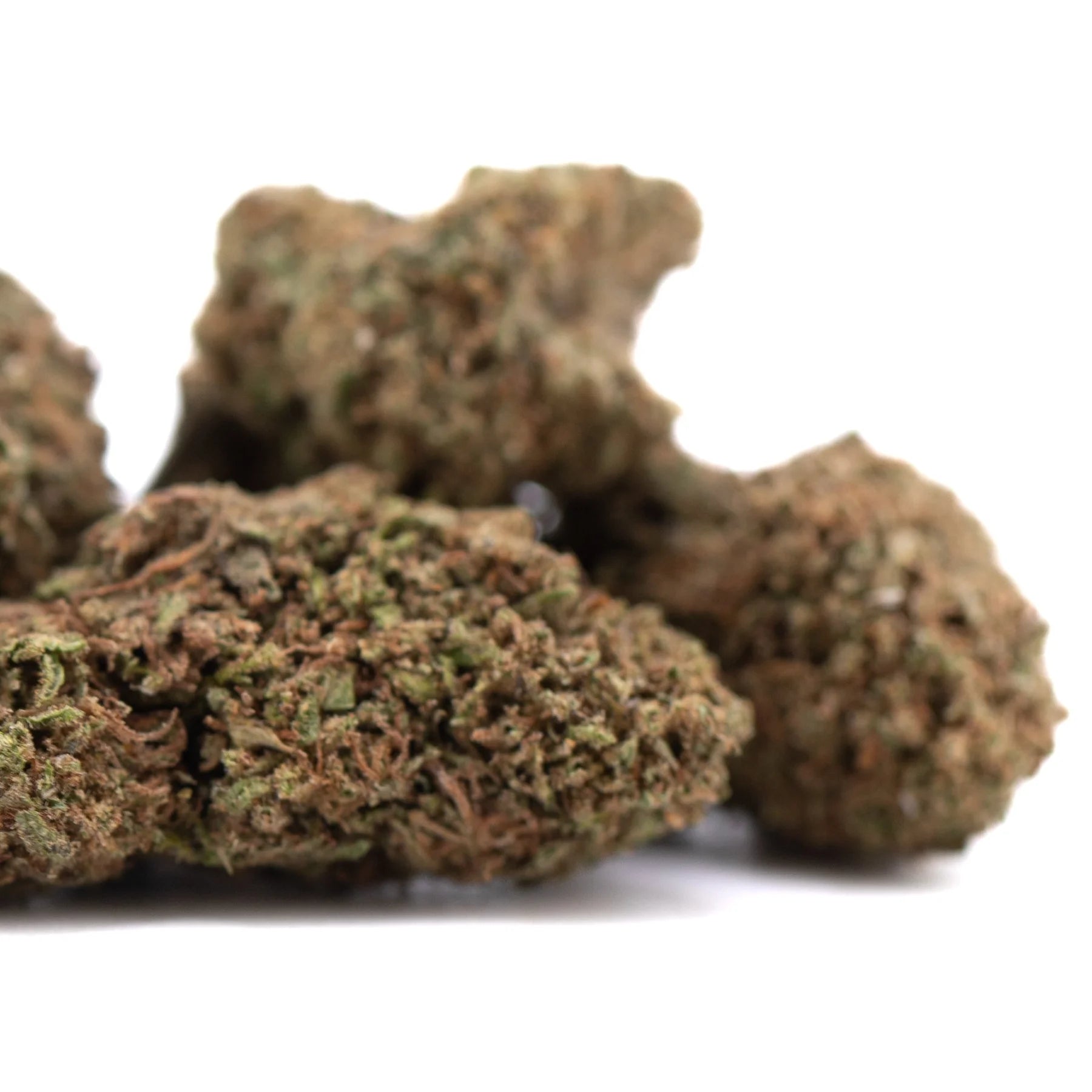 Bud of critical berries cbd full-term hemp flower with dense textured surface in green and brown tones and terpene profile hints of bubba kush