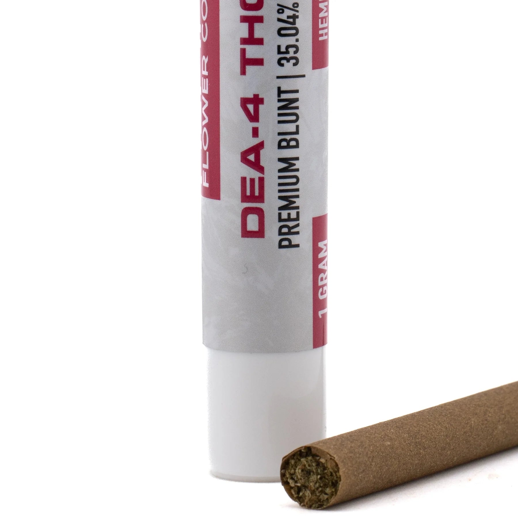 A white cylindrical tube labeled dea-4 thc containing a 1 gram premium thca blunt hemp flower with elevated cbg