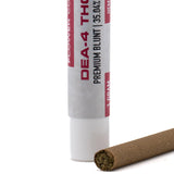 A white cylindrical tube labeled dea-4 thc containing a 1 gram premium thca blunt hemp flower with elevated cbg