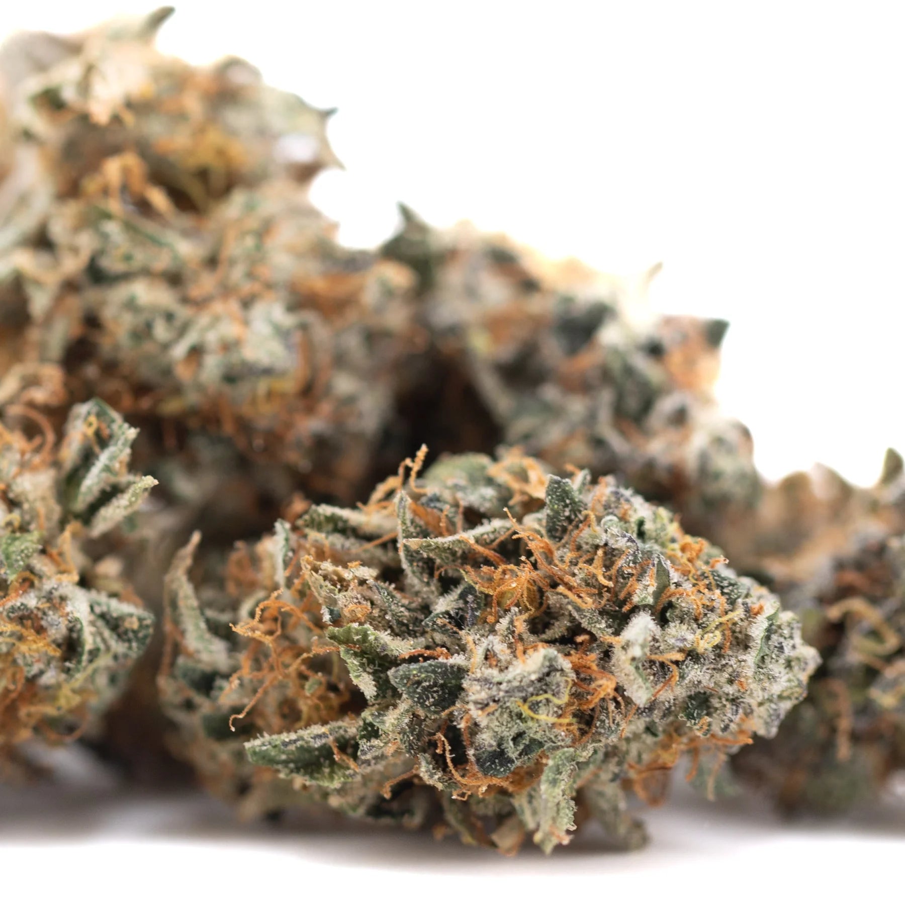 Dense resinous dea-4 indoor thca flower bud with green and orange hues covered in frosty trichomes for maximum therapeutic depth