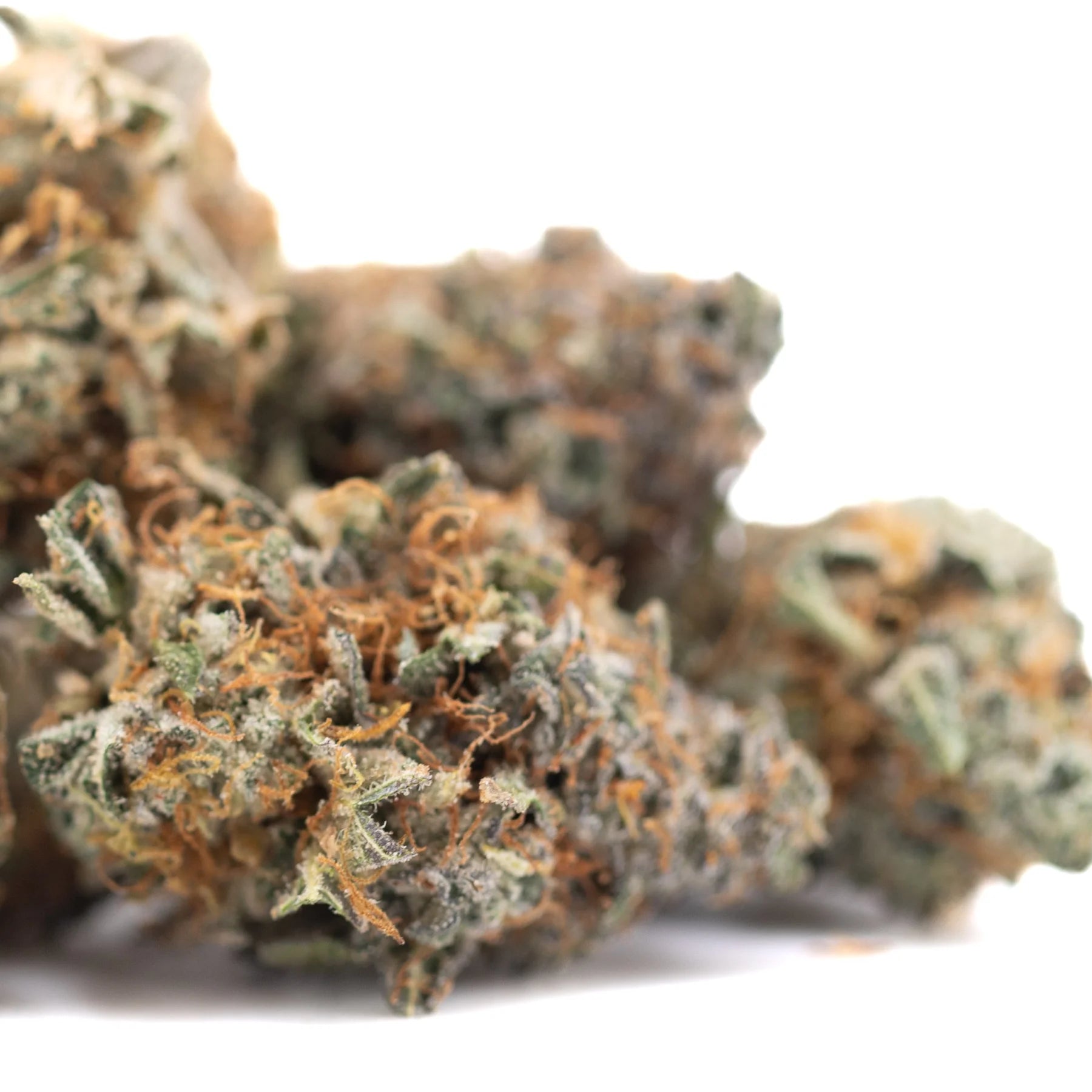 Dense resinous dea-4 indoor thca flower bud with green orange hues covered in white trichomes for maximum therapeutic depth