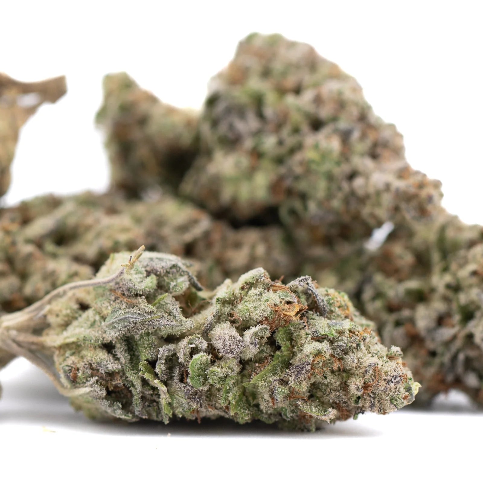 Greenhouse THCa hemp flower bud with white trichomes and purple hues