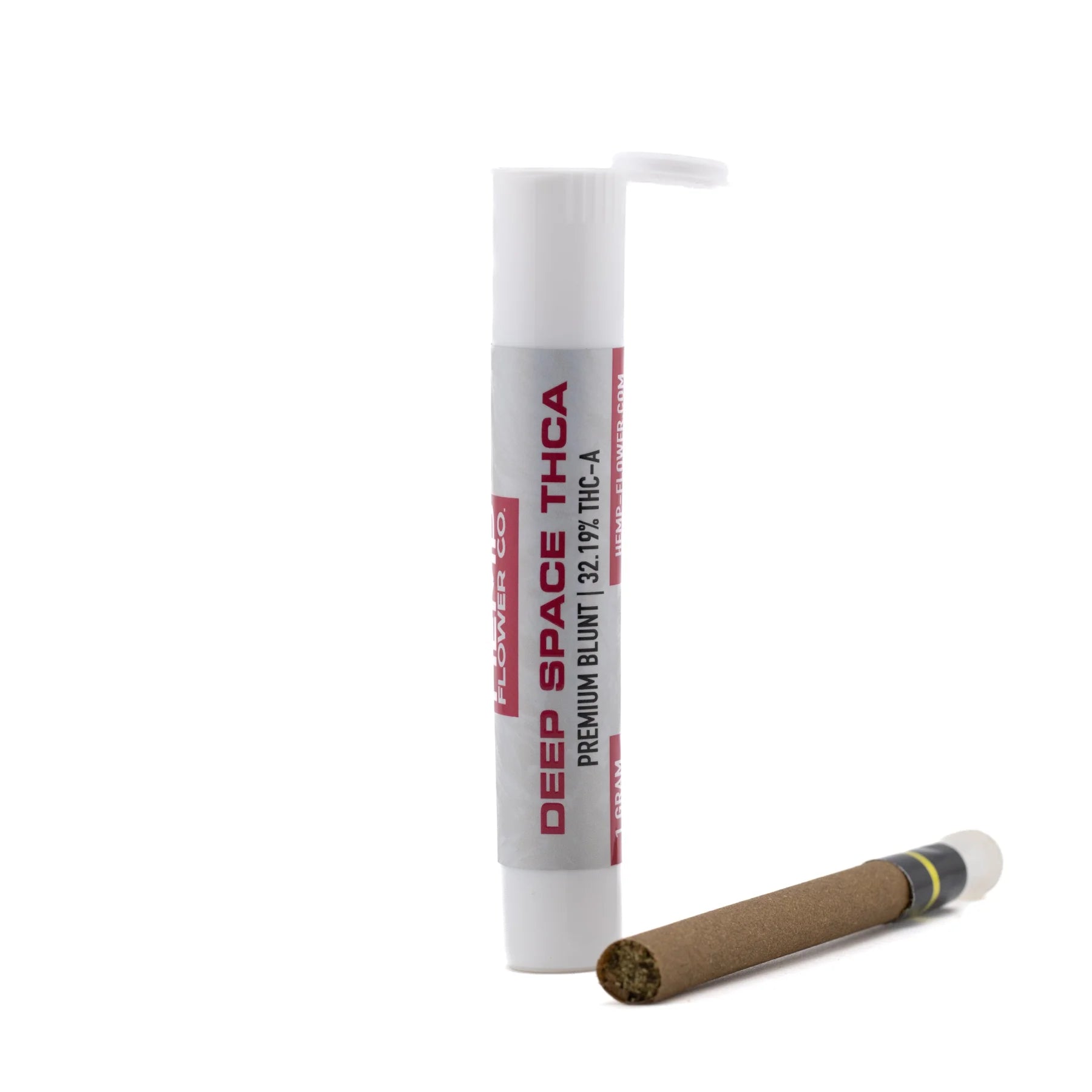 White cylindrical tube labeled deep space thca in red containing a premium 1 gram blunt with romulan x deep terpene profile